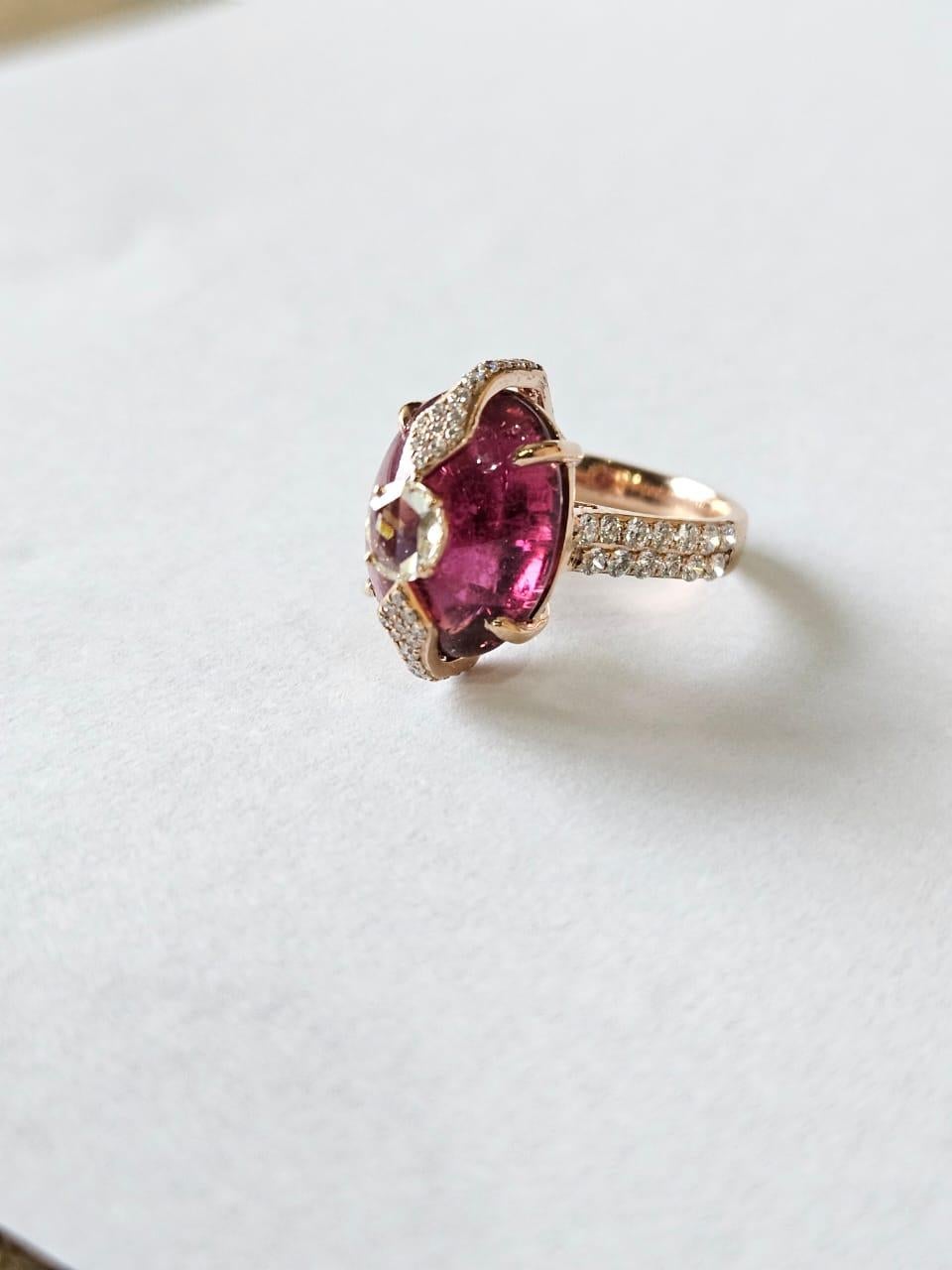 Modern Set in 18K Rose Gold, 9.98 carats, Tourmaline & Rose Cut Diamonds Dome Ring For Sale