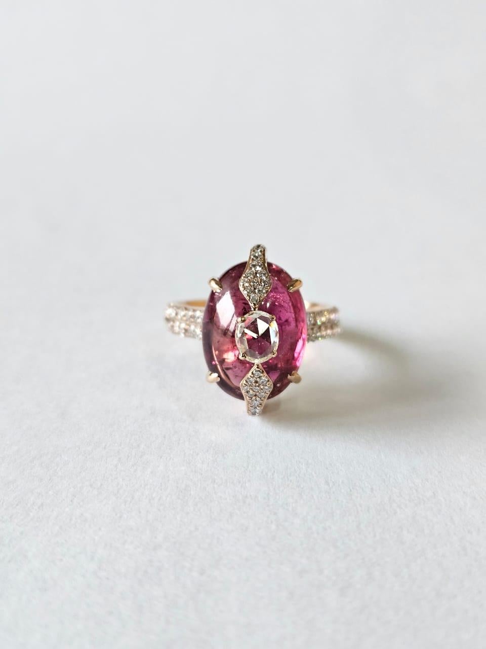 Cabochon Set in 18K Rose Gold, 9.98 carats, Tourmaline & Rose Cut Diamonds Dome Ring For Sale