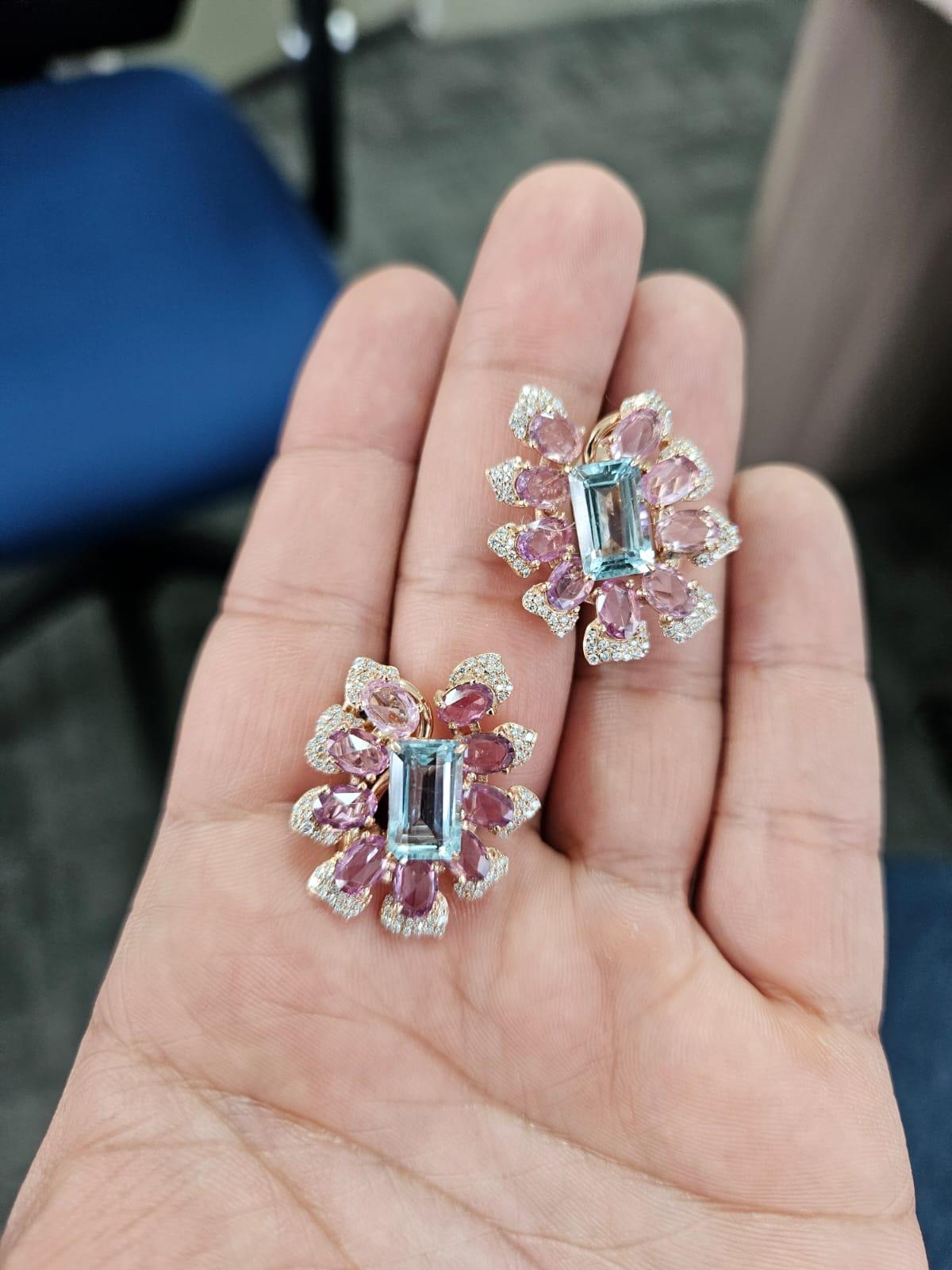 A very gorgeous and beautiful, modern style, Aquamarine & Multi Sapphire Stud Earrings set in 18K Rose Gold & Diamonds. The weight of the Aquamarine is 6.50 carats. The weight of the Multi Sapphire Rose Cuts is 6.90 carats. The Multi Sapphires are