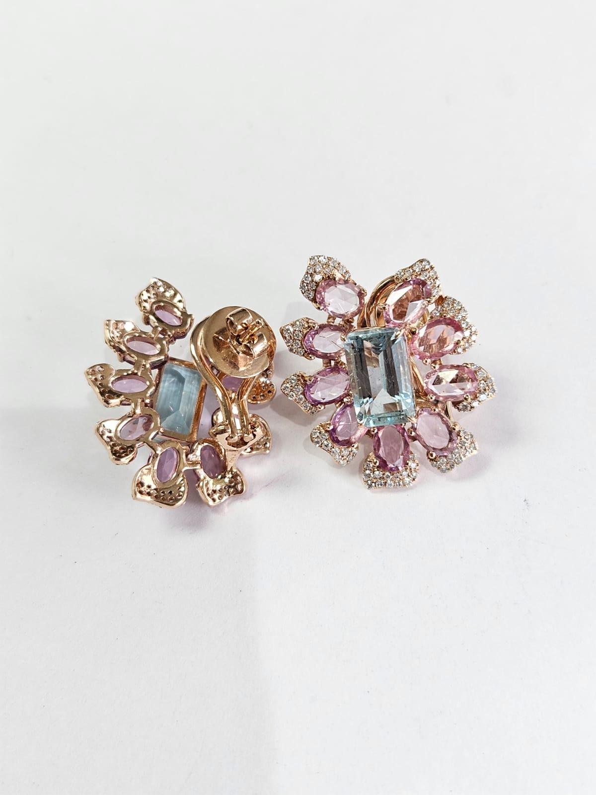 Modern Set in 18K Rose Gold, Aquamarine, Multi Sapphires & Diamonds Stud Earrings For Sale