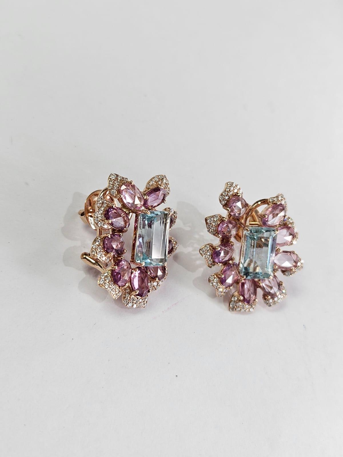 Emerald Cut Set in 18K Rose Gold, Aquamarine, Multi Sapphires & Diamonds Stud Earrings For Sale