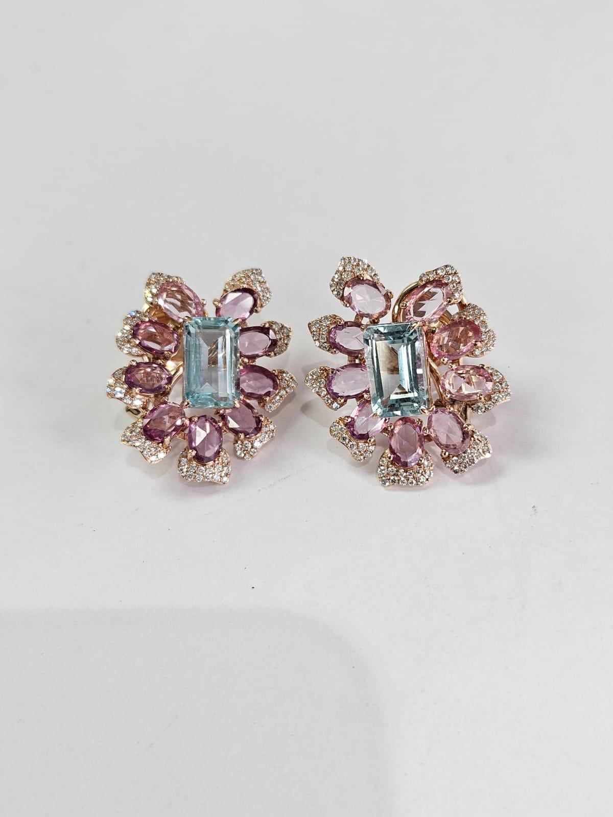 Set in 18K Rose Gold, Aquamarine, Multi Sapphires & Diamonds Stud Earrings In New Condition For Sale In Hong Kong, HK