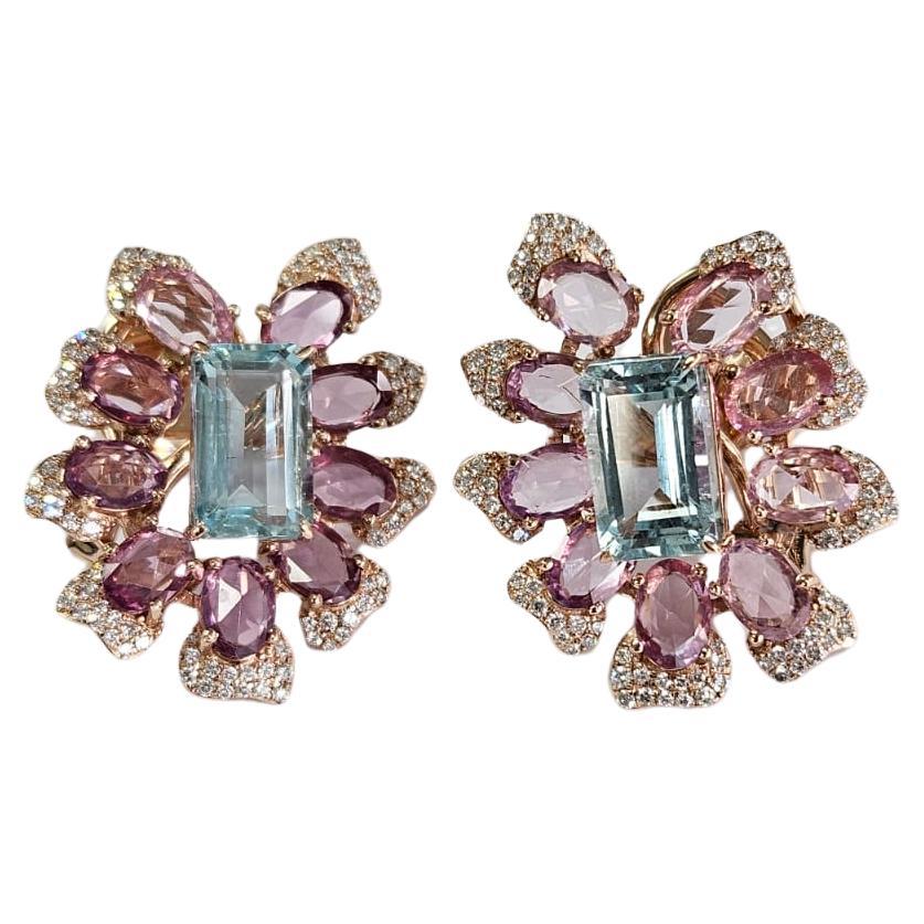 Set in 18K Rose Gold, Aquamarine, Multi Sapphires & Diamonds Stud Earrings For Sale