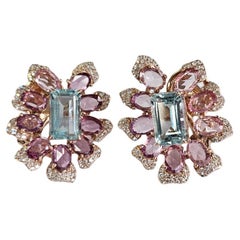 Set in 18K Rose Gold, Aquamarine, Multi Sapphires & Diamonds Stud Earrings