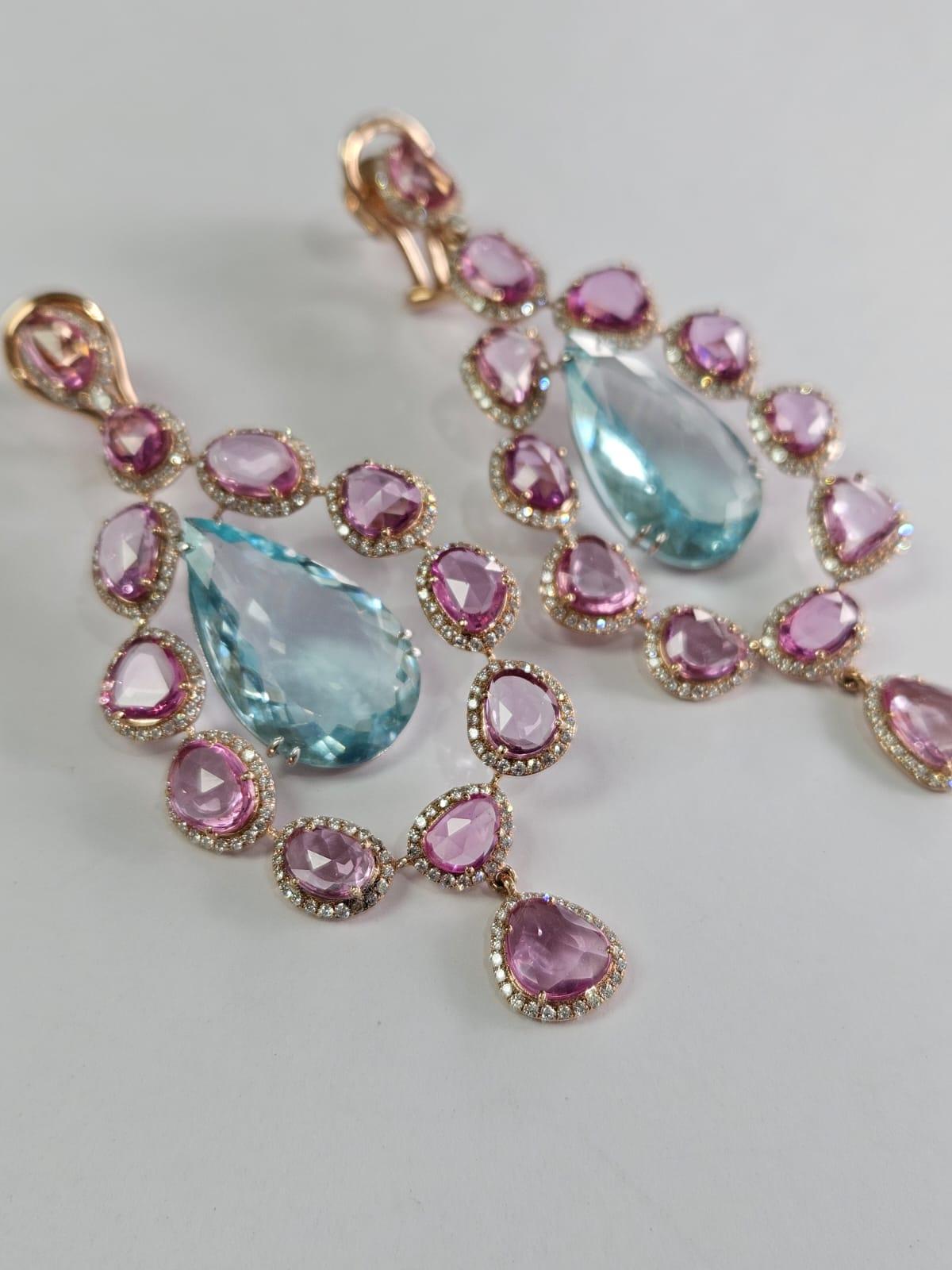 Rose Cut Set in 18K Rose Gold, Aquamarine, Pink Sapphires & Diamonds Chandelier Earrings For Sale