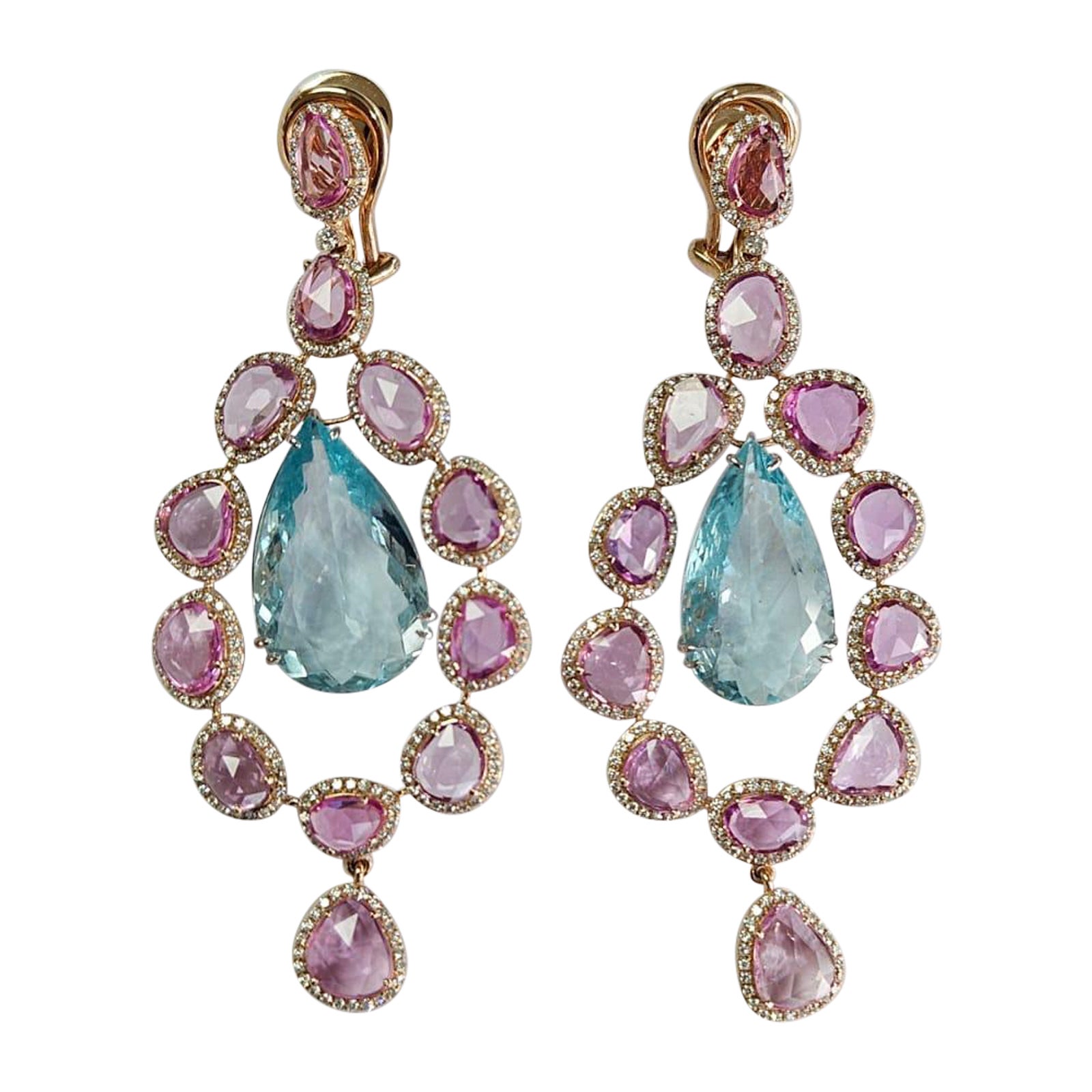 Chandelier-Ohrringe aus 18 Karat Roségold, Aquamarin, rosa Saphiren und Diamanten