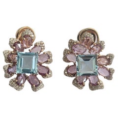 Set in 18K Rose Gold, Aquamarines, Pink Sapphires & Diamonds Stud Earrings