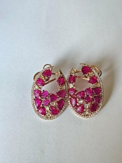 Set in 18K Rose Gold, carved Mozambique Ruby & Rose Cut Diamonds Hoop Earrings