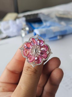 Set in 18K Rose Gold, Ceylon Pink Sapphires & Rose Cut Diamonds Cocktail Ring