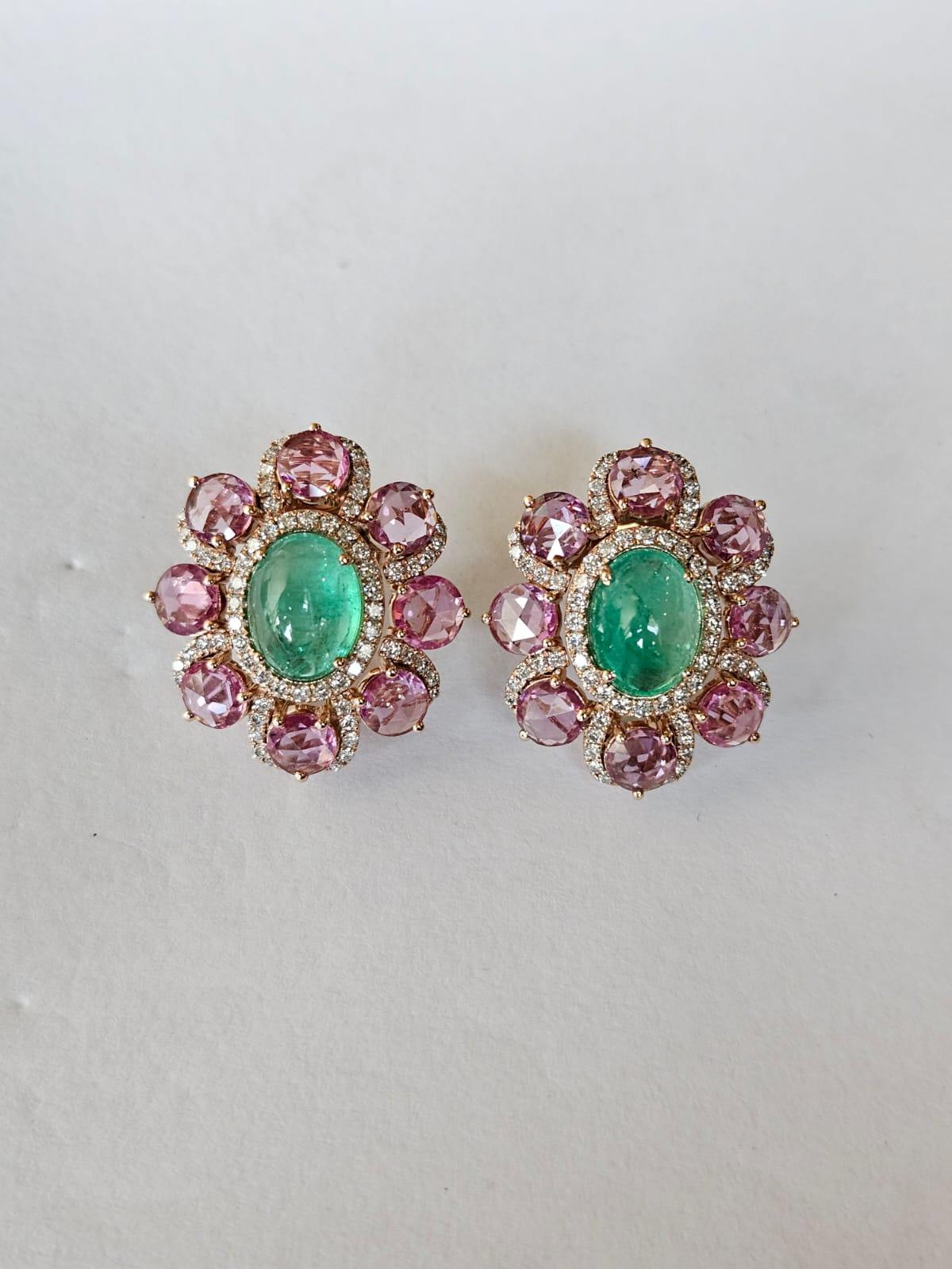 Set in 18K Rose Gold, Emerald Cabochons, Pink Sapphires & Diamonds Stud Earrings For Sale 5