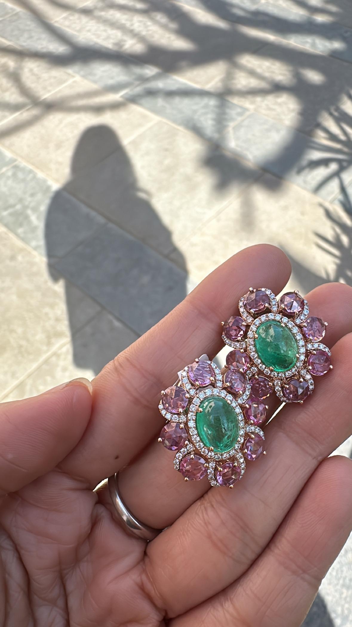 A very gorgeous and beautiful, Emerald & Pink Sapphires Stud Earrings set in 18K Rose Gold & natural Diamonds. The weight of the Emerald Cabochons is 6.01 carats. The Emeralds are completely natural, without any treatment and is of Colombian origin.
