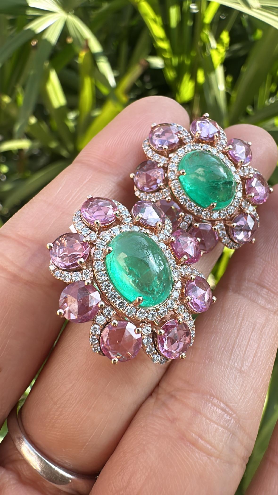 Modern Set in 18K Rose Gold, Emerald Cabochons, Pink Sapphires & Diamonds Stud Earrings For Sale