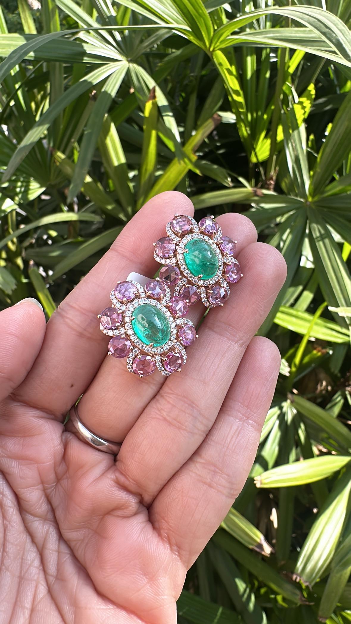 Set in 18K Rose Gold, Emerald Cabochons, Pink Sapphires & Diamonds Stud Earrings In New Condition For Sale In Hong Kong, HK