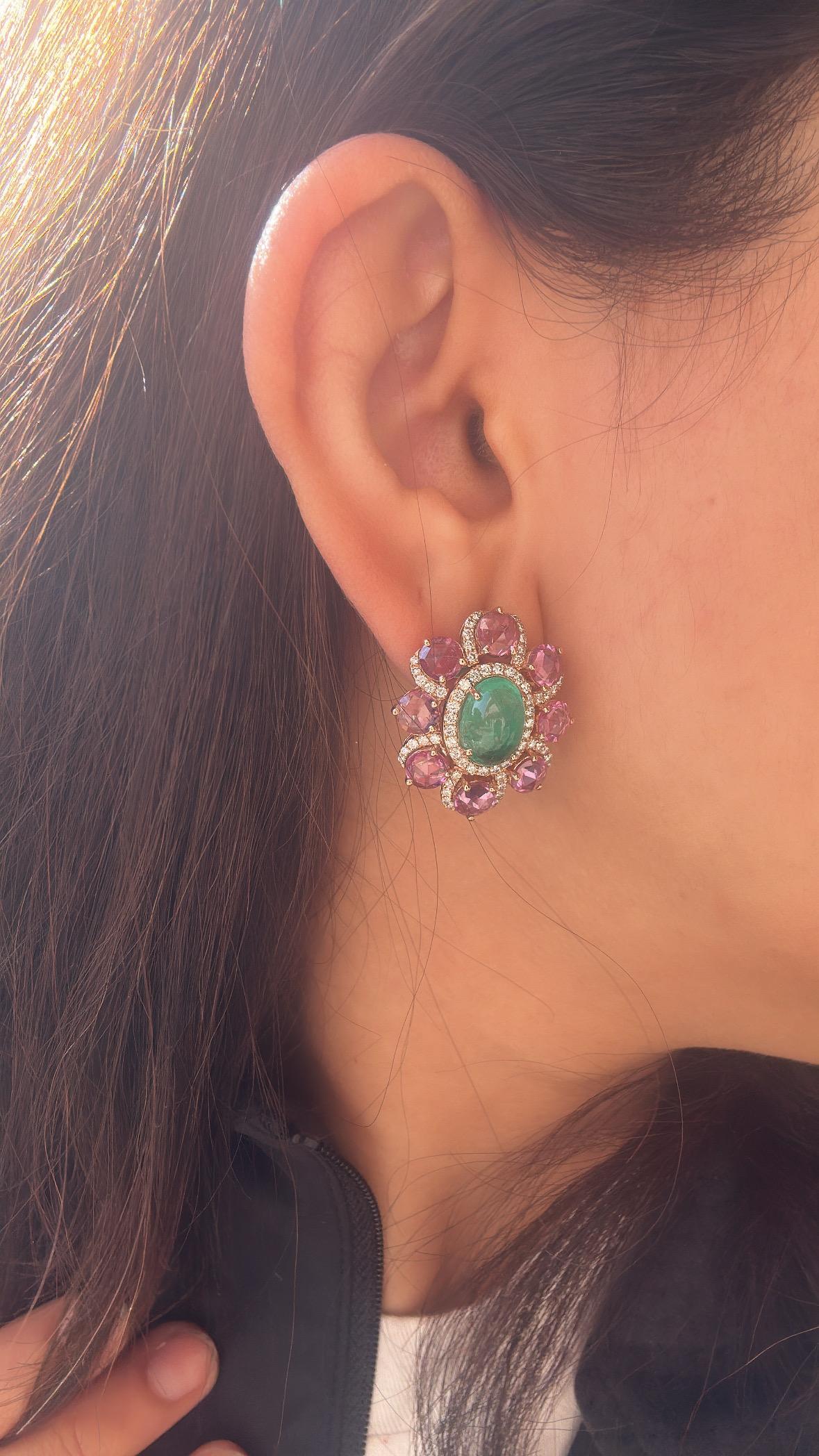 Women's or Men's Set in 18K Rose Gold, Emerald Cabochons, Pink Sapphires & Diamonds Stud Earrings For Sale