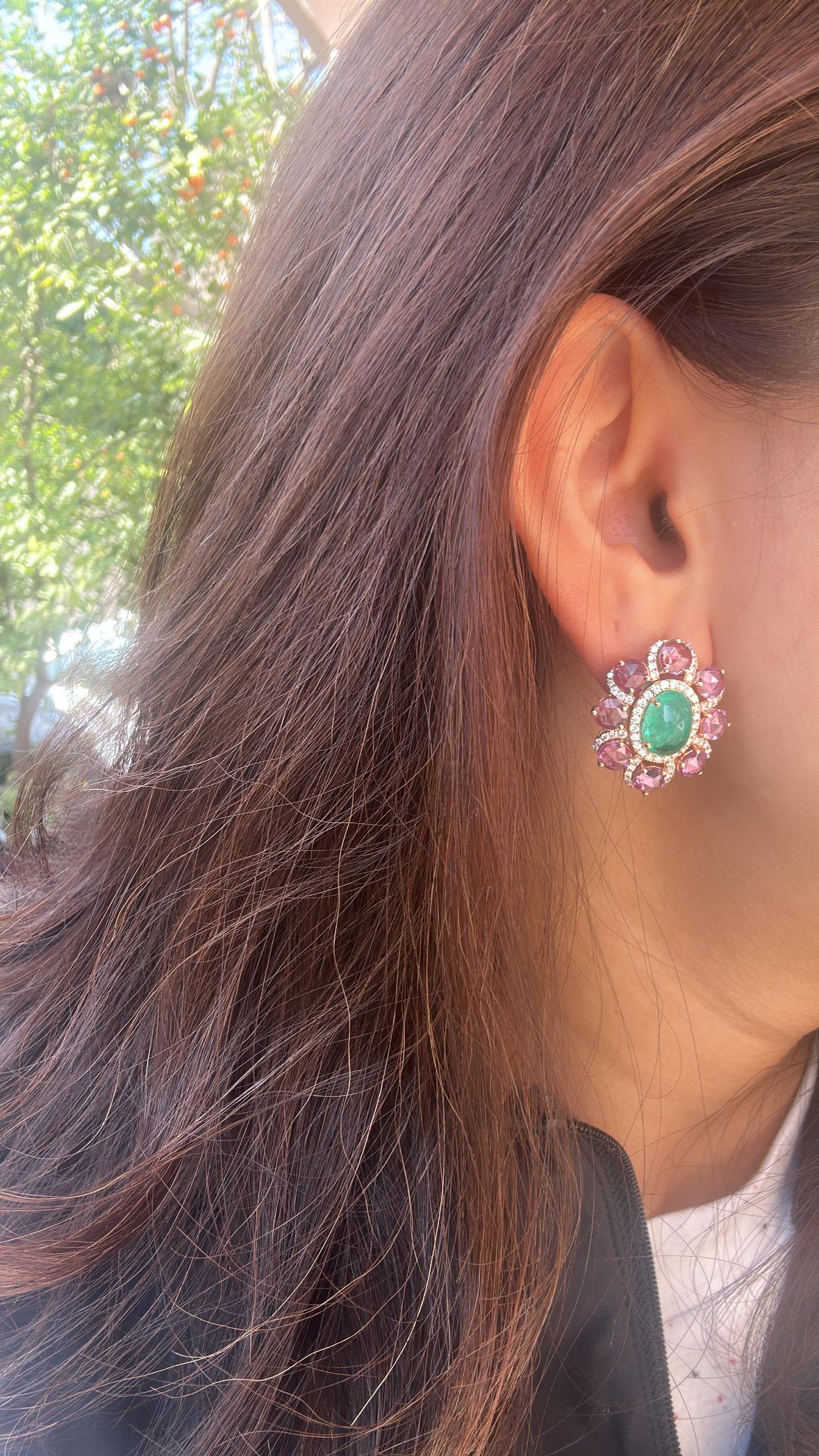 Set in 18K Rose Gold, Emerald Cabochons, Pink Sapphires & Diamonds Stud Earrings For Sale 1