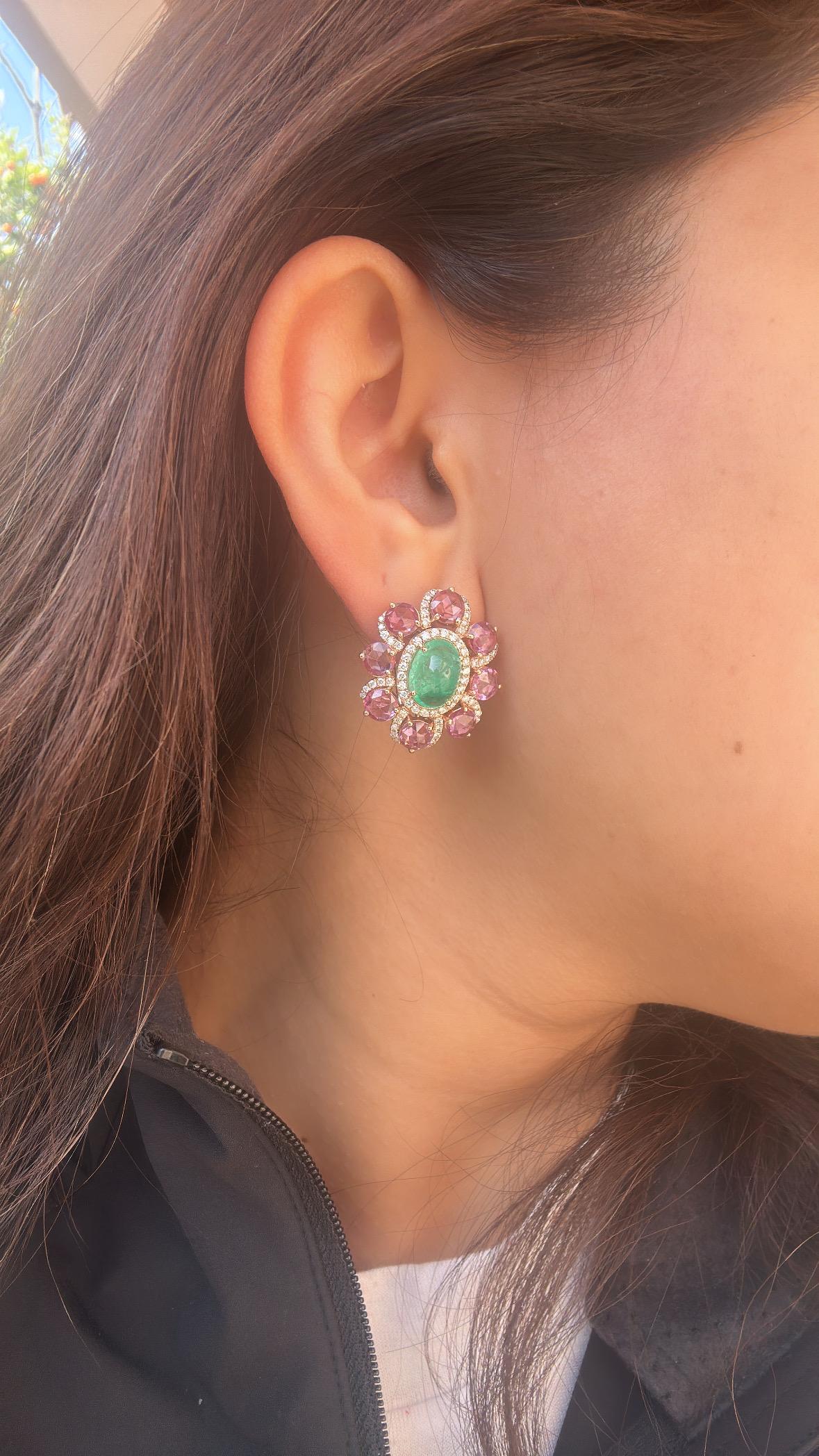 Set in 18K Rose Gold, Emerald Cabochons, Pink Sapphires & Diamonds Stud Earrings For Sale 2