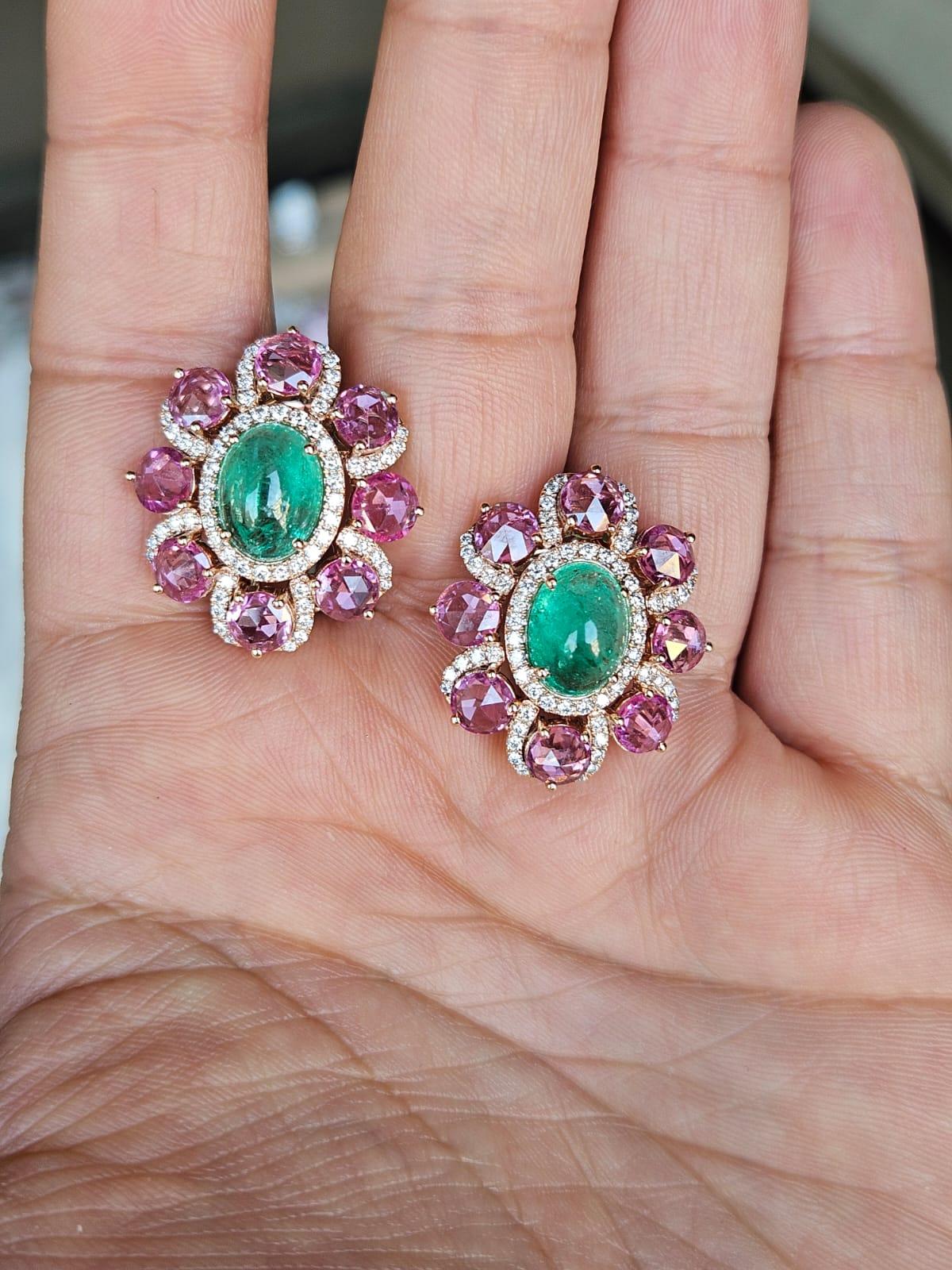 Set in 18K Rose Gold, Emerald Cabochons, Pink Sapphires & Diamonds Stud Earrings For Sale 3