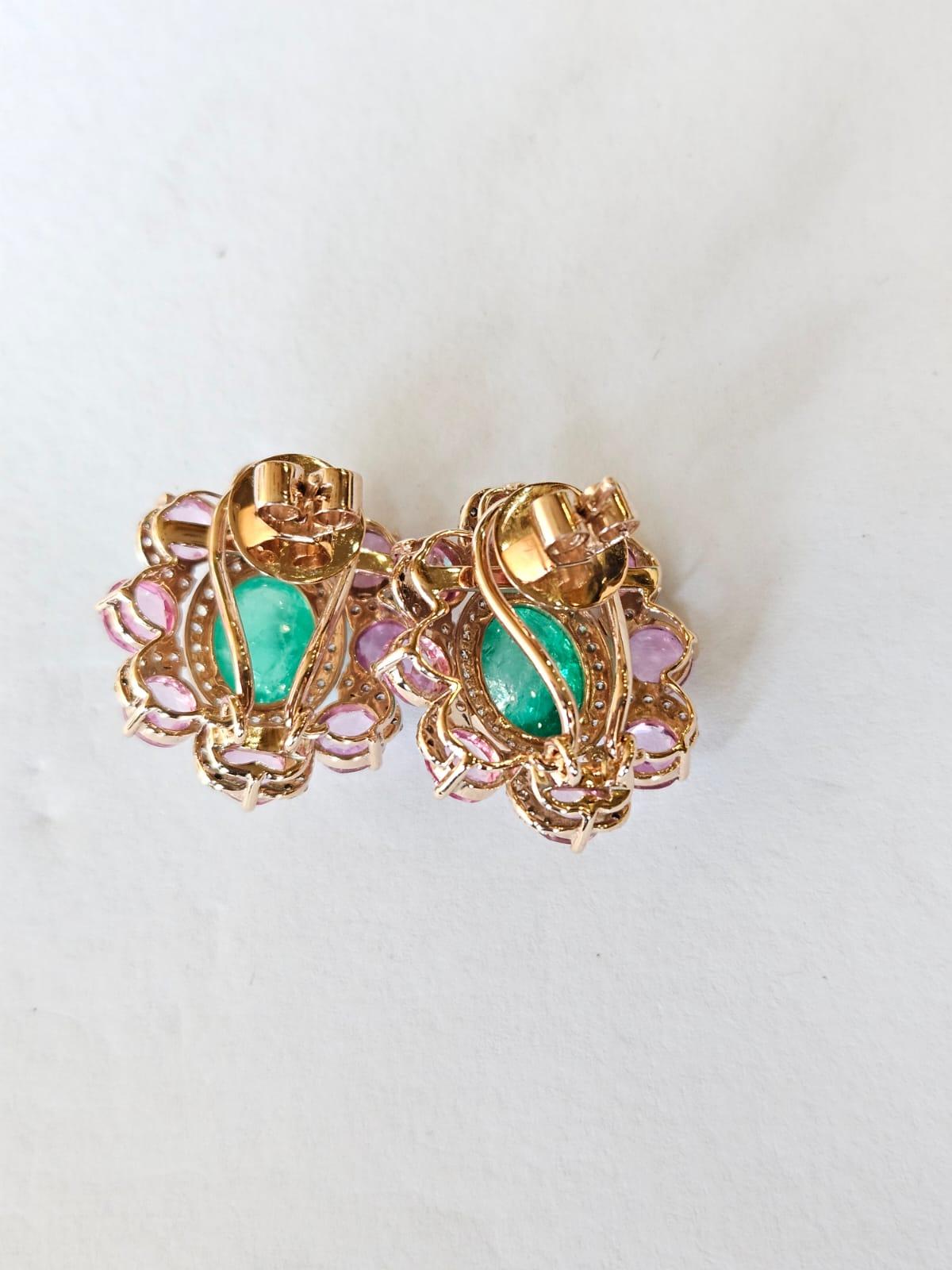 Set in 18K Rose Gold, Emerald Cabochons, Pink Sapphires & Diamonds Stud Earrings For Sale 4