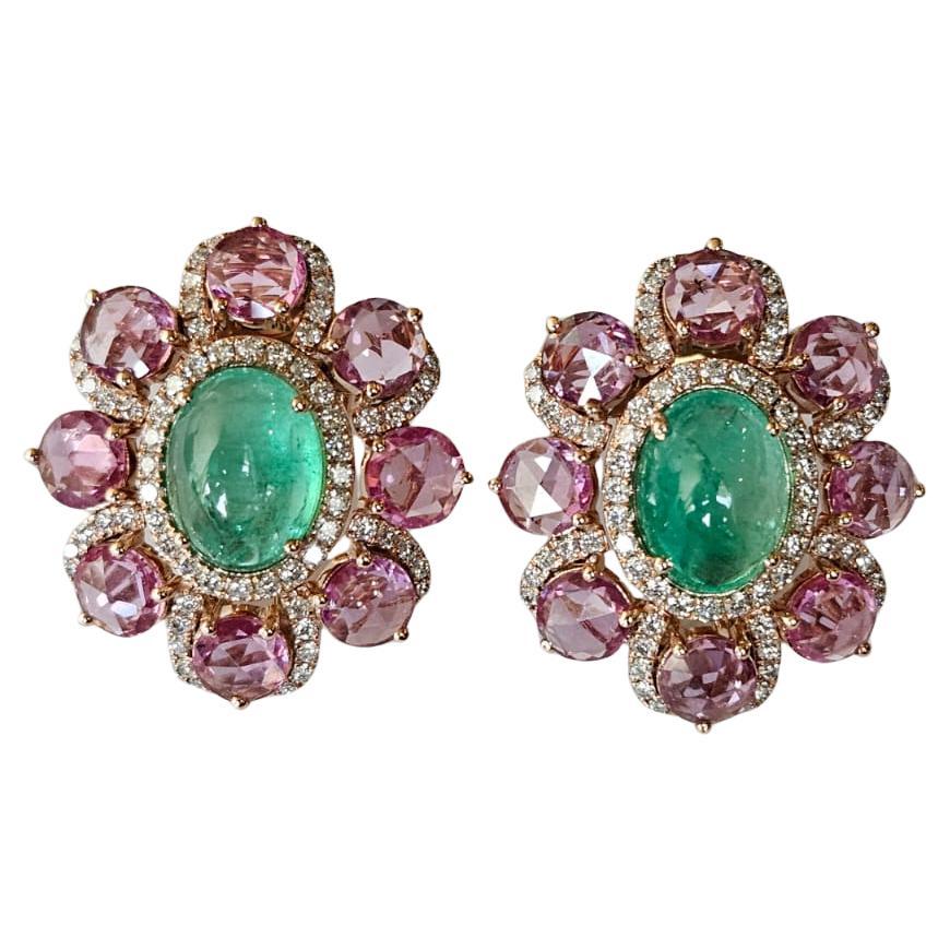 Set in 18K Rose Gold, Emerald Cabochons, Pink Sapphires & Diamonds Stud Earrings