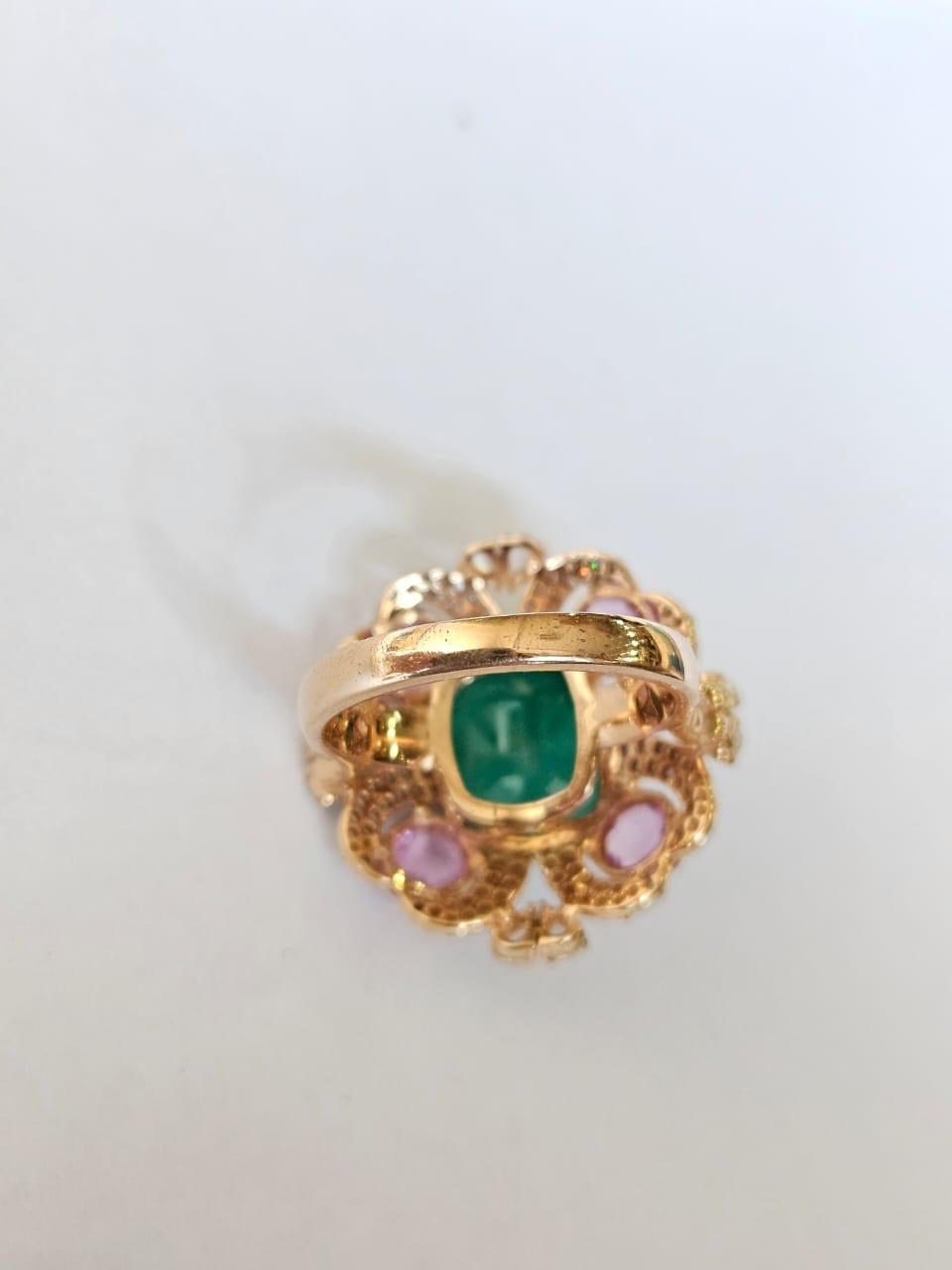 Modern Set in 18K Rose Gold, Emerald, Pink Sapphires & Rose Cut Diamonds Cocktail Ring For Sale