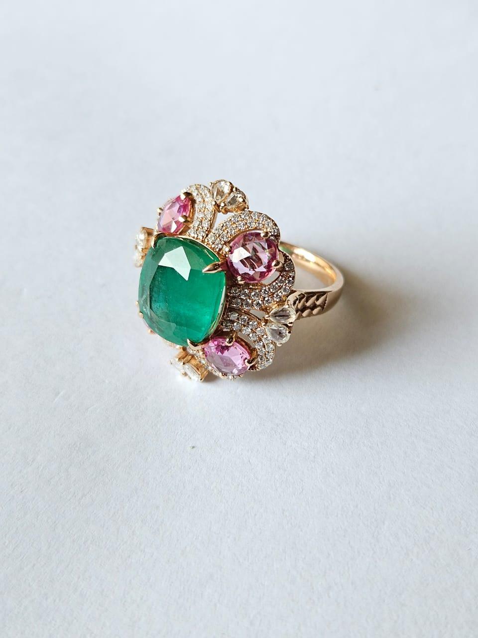 Women's or Men's Set in 18K Rose Gold, Emerald, Pink Sapphires & Rose Cut Diamonds Cocktail Ring For Sale