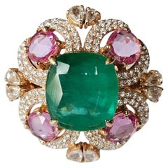 Set in 18K Rose Gold, Emerald, Pink Sapphires & Rose Cut Diamonds Cocktail Ring