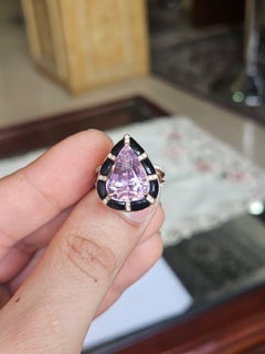 Anillo de compromiso Art Decó engastado en oro rosa de 18 quilates, kunzita, ónice negro y diamantes