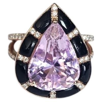 Bague de fiançailles Art déco en or rose 18 carats, kunzite, onyx noir et diamants