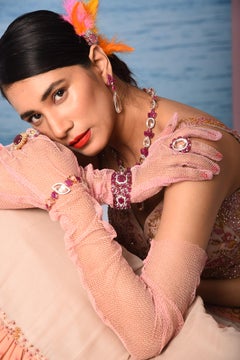 Set in 18K Rose Gold, Morganite and natural, Carved Ruby & Diamonds Cocktail Ring