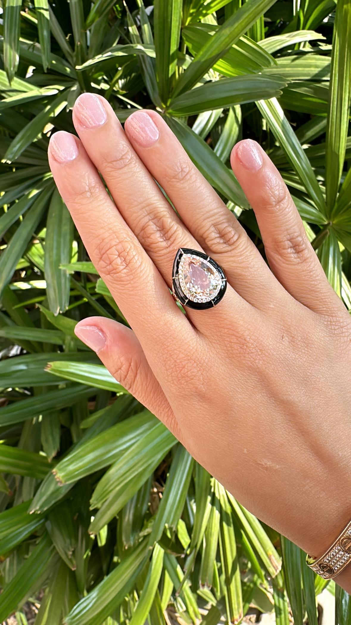 Anello di fidanzamento in oro rosa 18 carati, morganite, smalto nero e diamanti in vendita 4