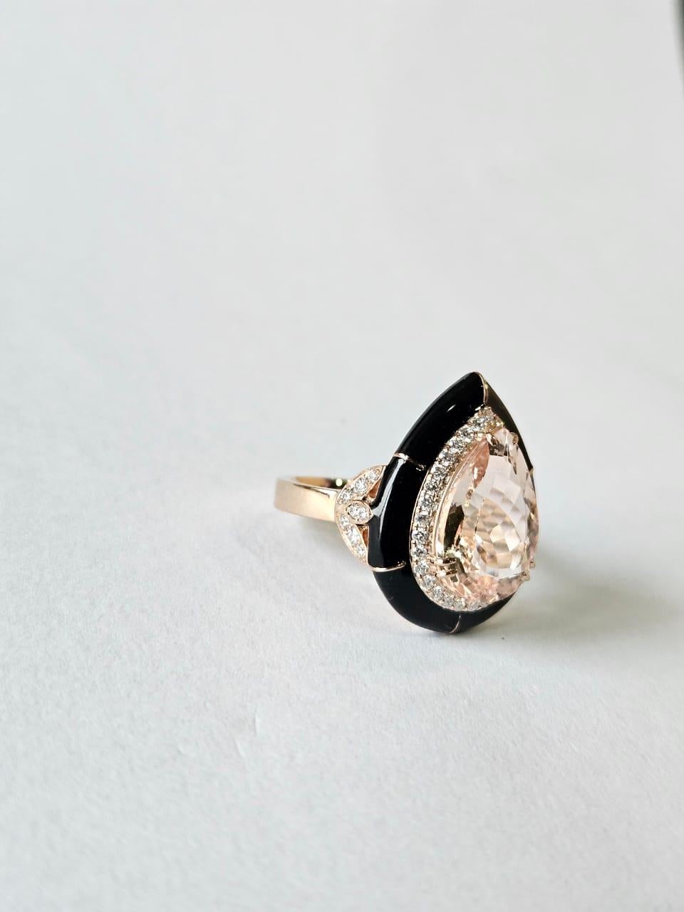 Taglio a goccia Anello di fidanzamento in oro rosa 18 carati, morganite, smalto nero e diamanti in vendita