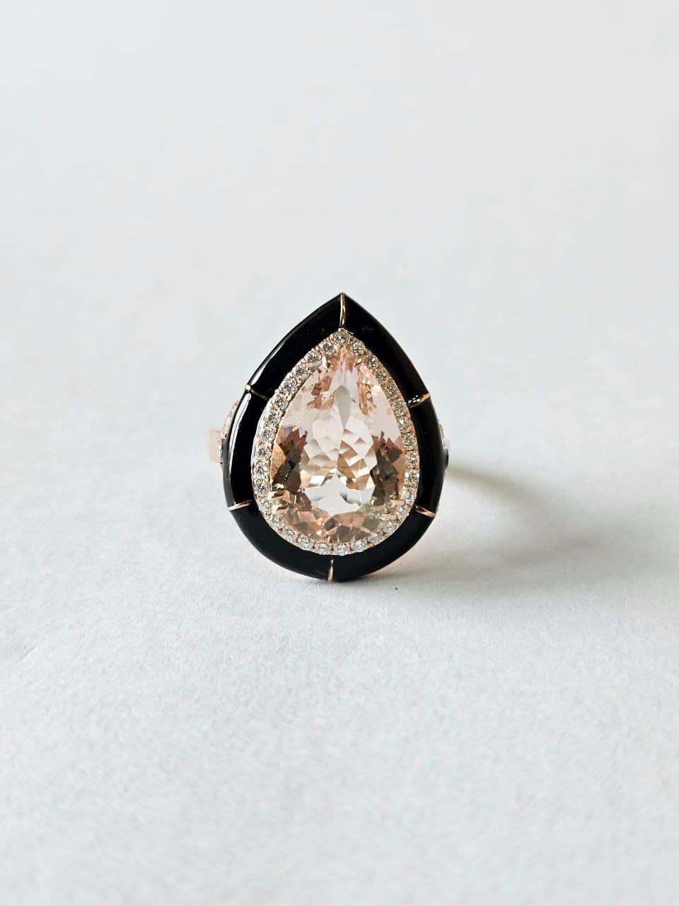 Anello di fidanzamento in oro rosa 18 carati, morganite, smalto nero e diamanti In condizioni Nuovo in vendita a Hong Kong, HK
