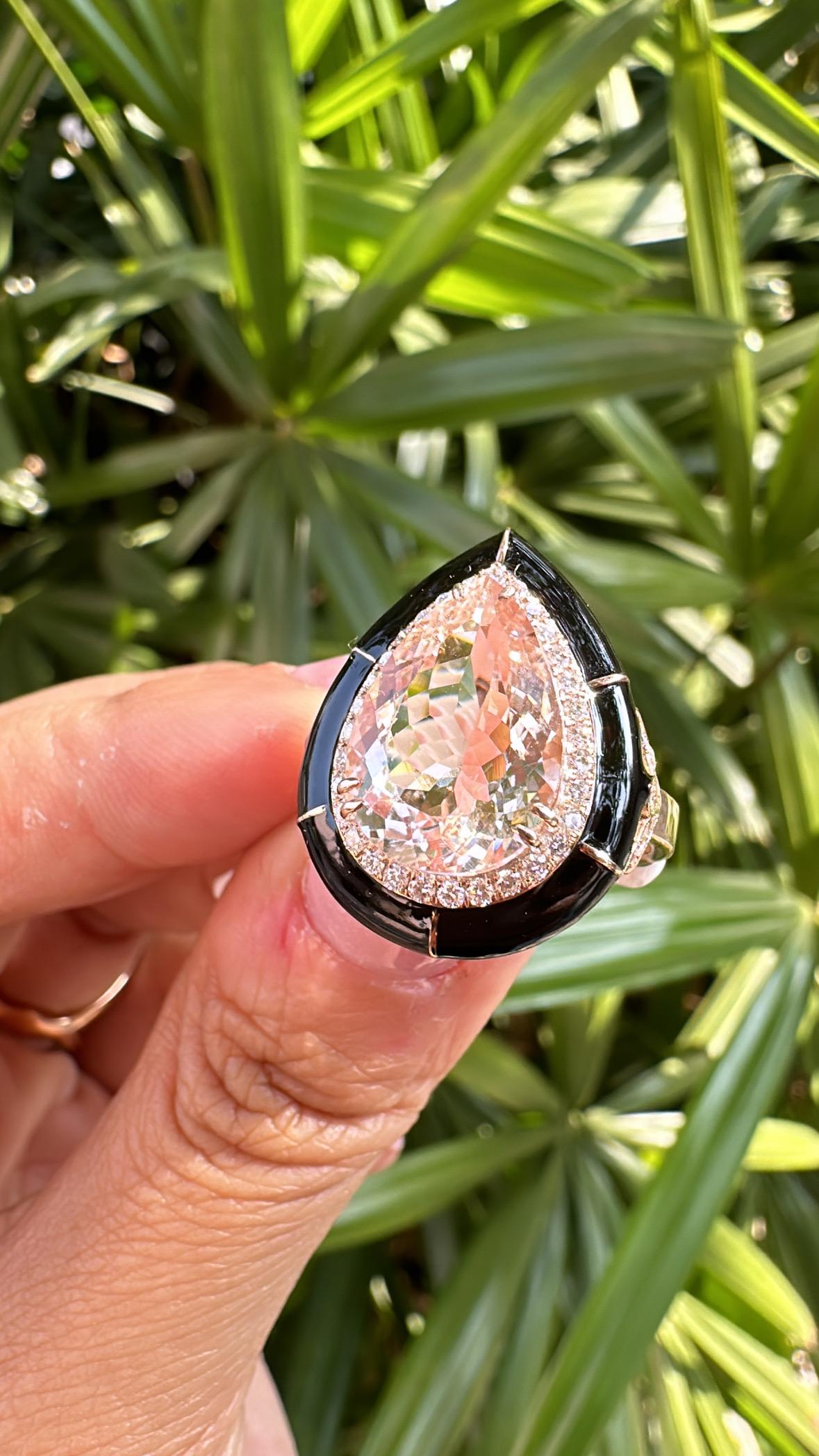 Anello di fidanzamento in oro rosa 18 carati, morganite, smalto nero e diamanti in vendita 1