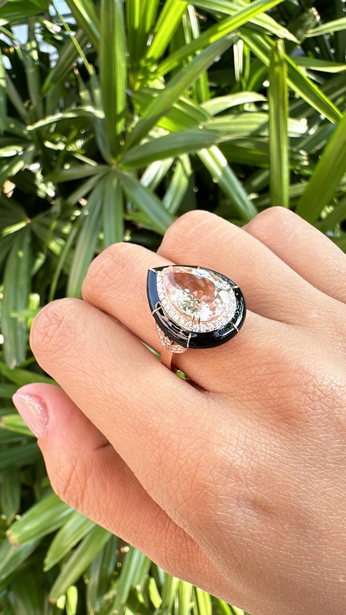 Anello di fidanzamento in oro rosa 18 carati, morganite, smalto nero e diamanti in vendita 3
