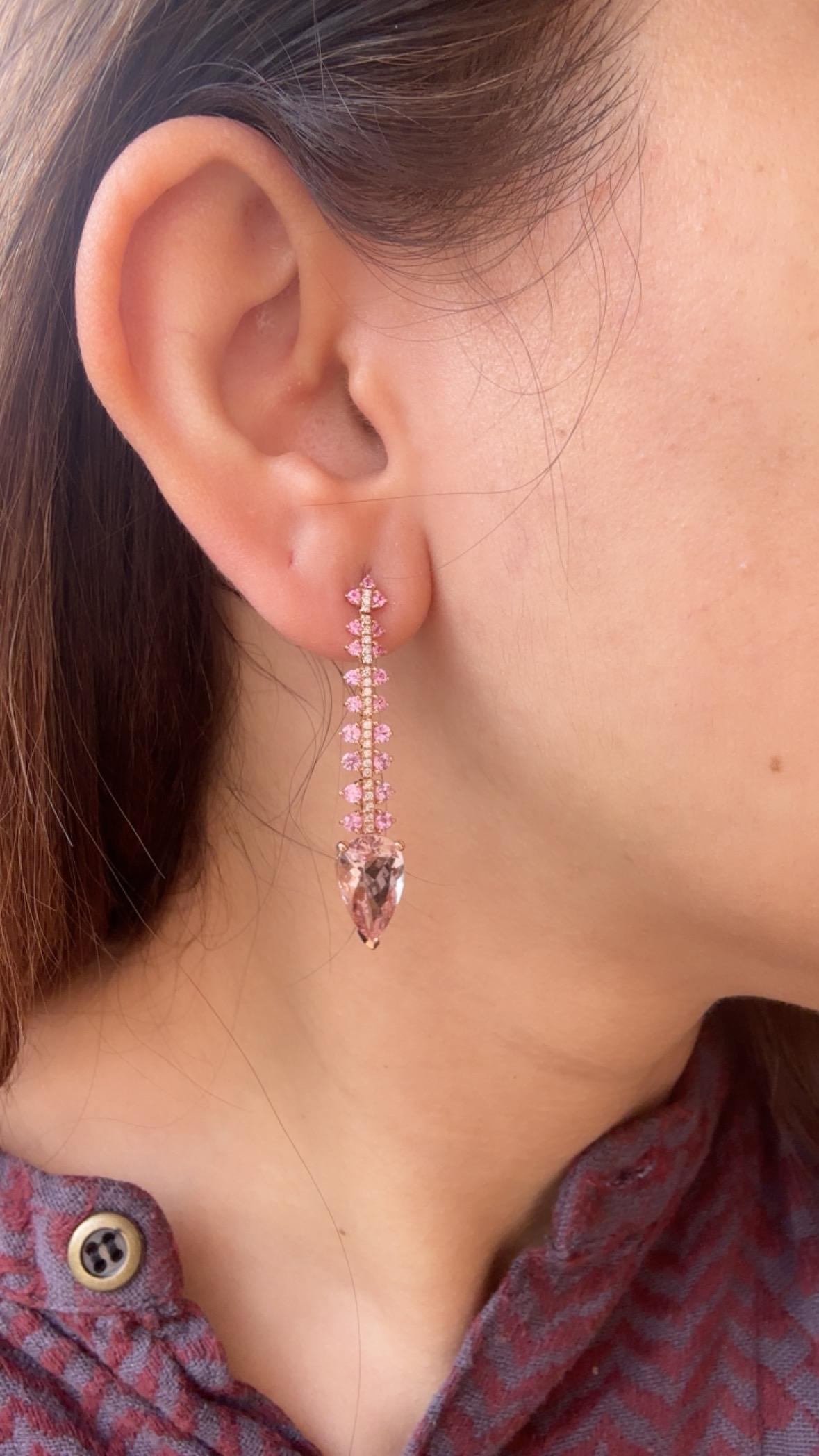 Orecchino pendente in oro rosa 18 carati, morganite, zaffiri rosa di Ceylon e diamanti in vendita 4