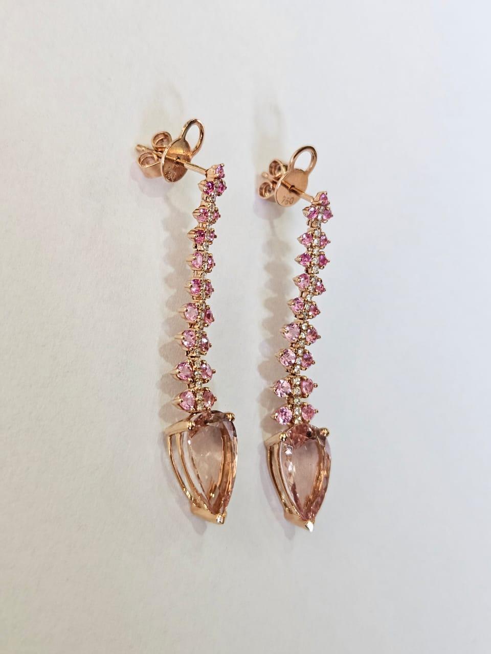 Taglio a goccia Orecchino pendente in oro rosa 18 carati, morganite, zaffiri rosa di Ceylon e diamanti in vendita