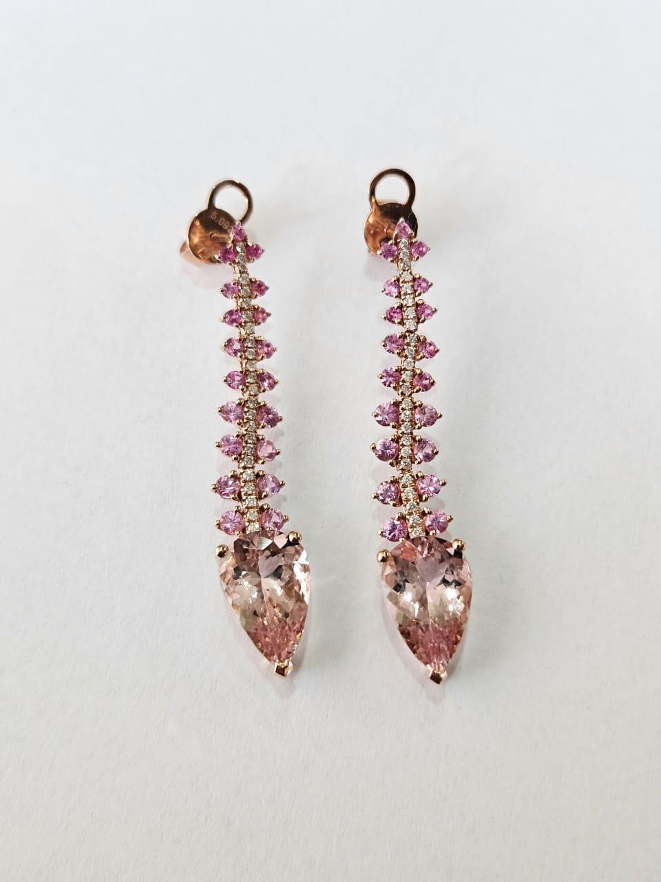 Orecchino pendente in oro rosa 18 carati, morganite, zaffiri rosa di Ceylon e diamanti In condizioni Nuovo in vendita a Hong Kong, HK