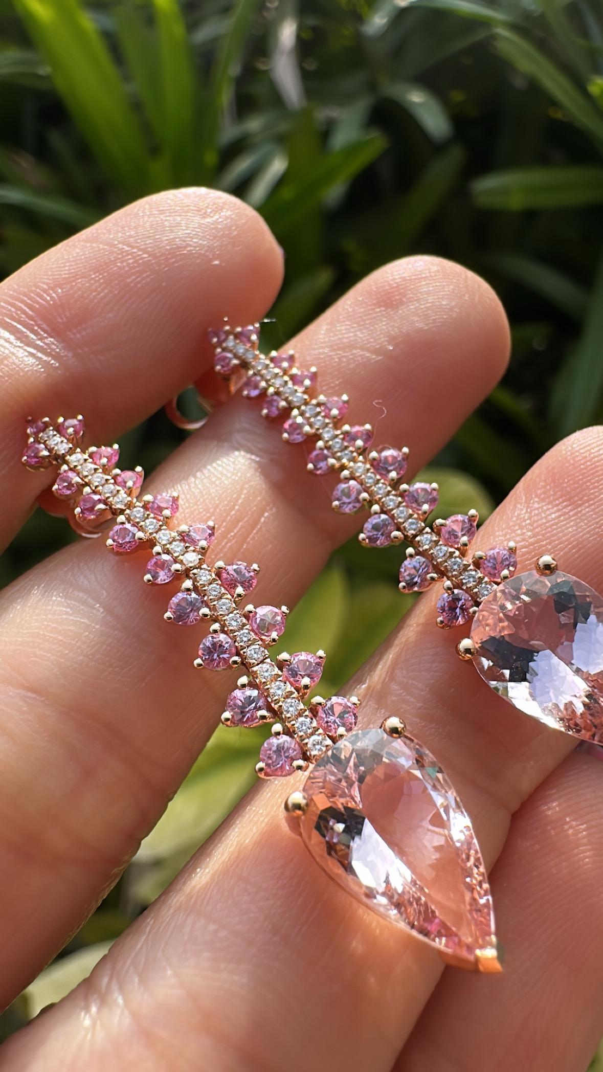 da uomo o donna Orecchino pendente in oro rosa 18 carati, morganite, zaffiri rosa di Ceylon e diamanti in vendita