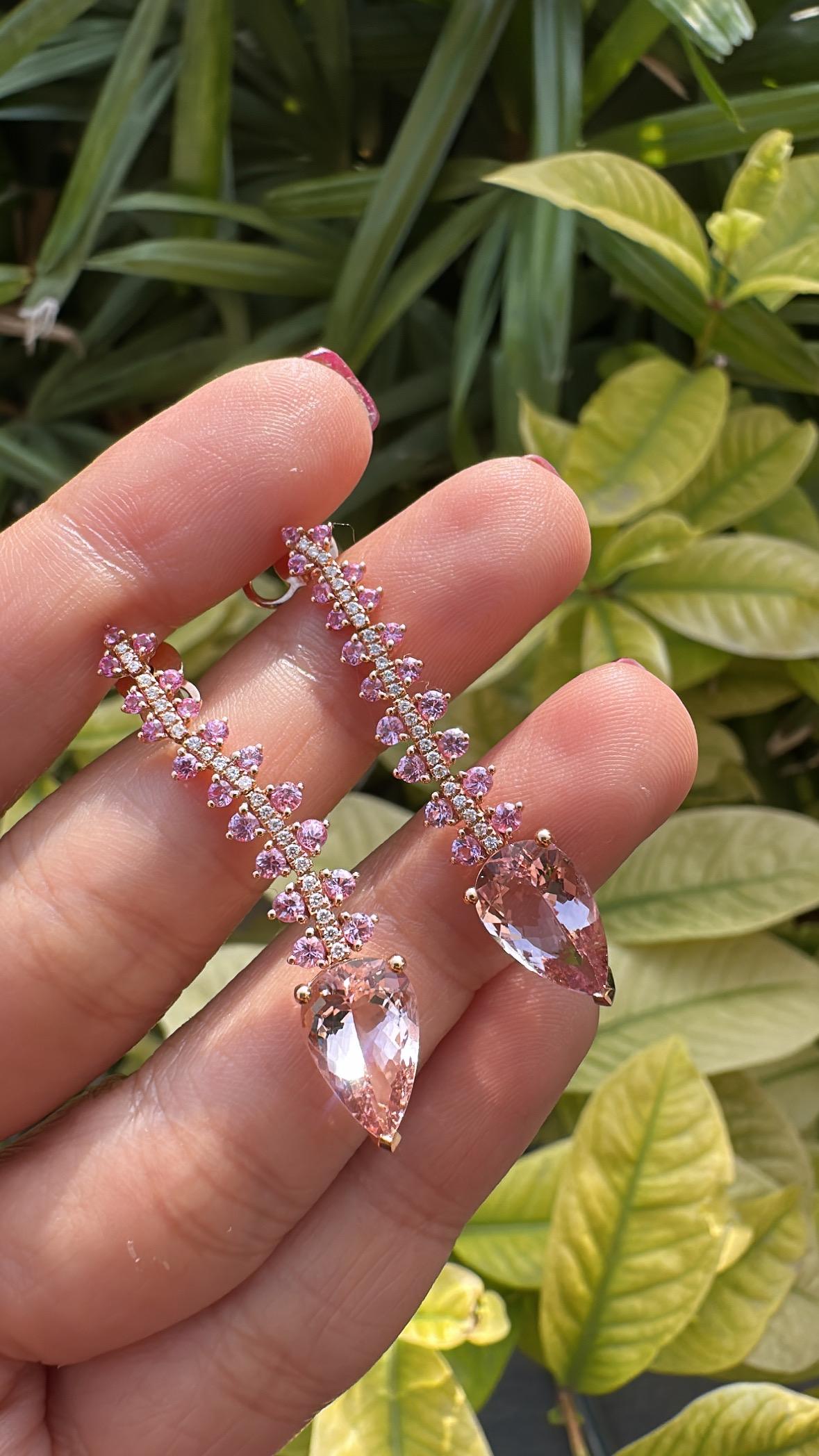 Orecchino pendente in oro rosa 18 carati, morganite, zaffiri rosa di Ceylon e diamanti in vendita 2