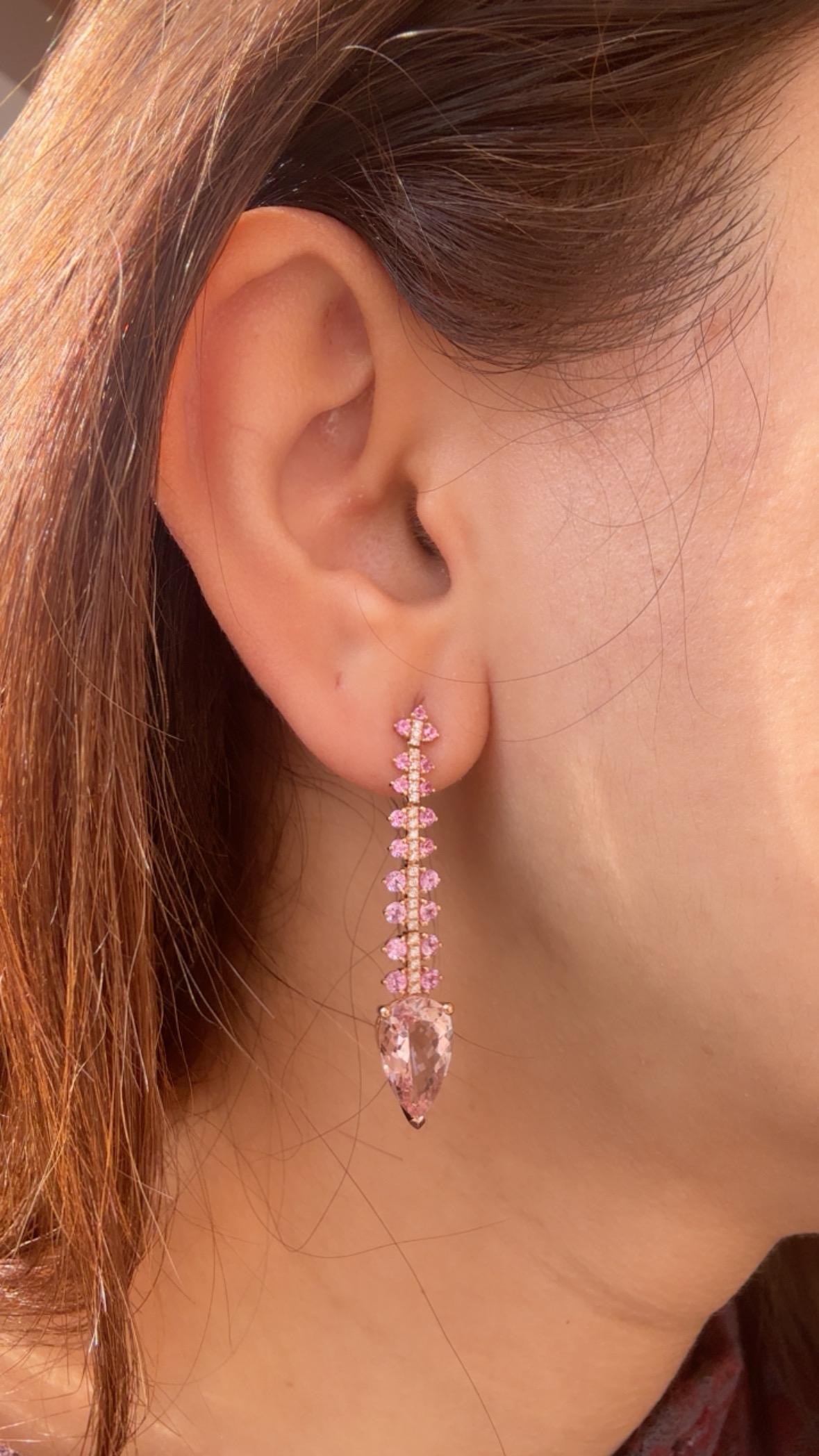Orecchino pendente in oro rosa 18 carati, morganite, zaffiri rosa di Ceylon e diamanti in vendita 3