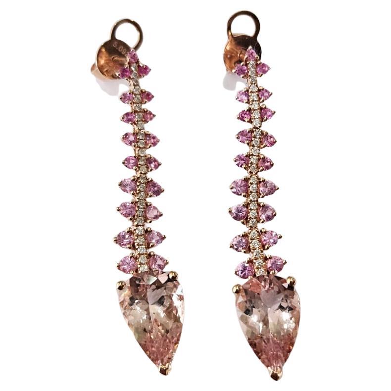 Orecchino pendente in oro rosa 18 carati, morganite, zaffiri rosa di Ceylon e diamanti in vendita
