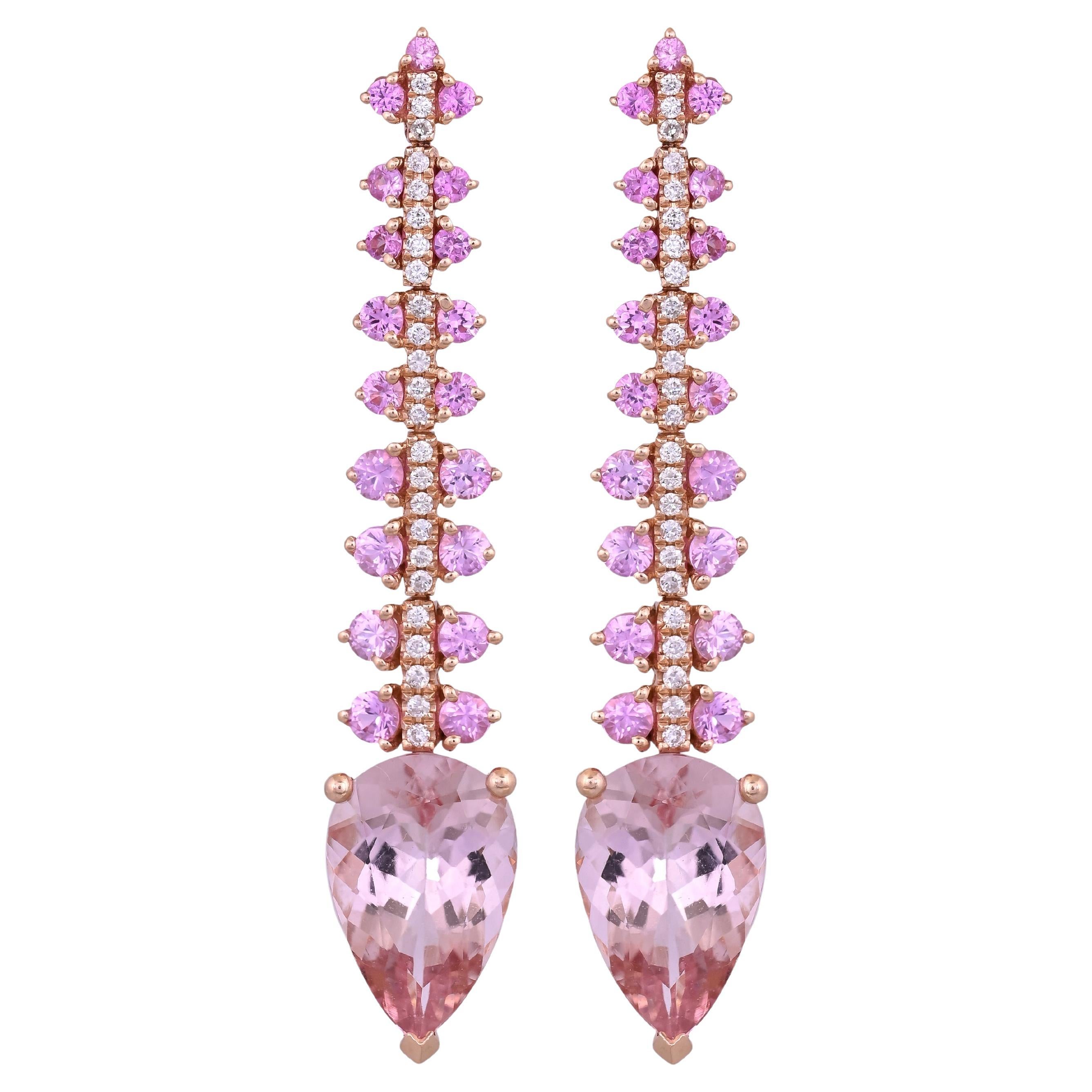 Orecchino pendente in oro rosa 18 carati, morganite, zaffiri rosa di Ceylon e diamanti