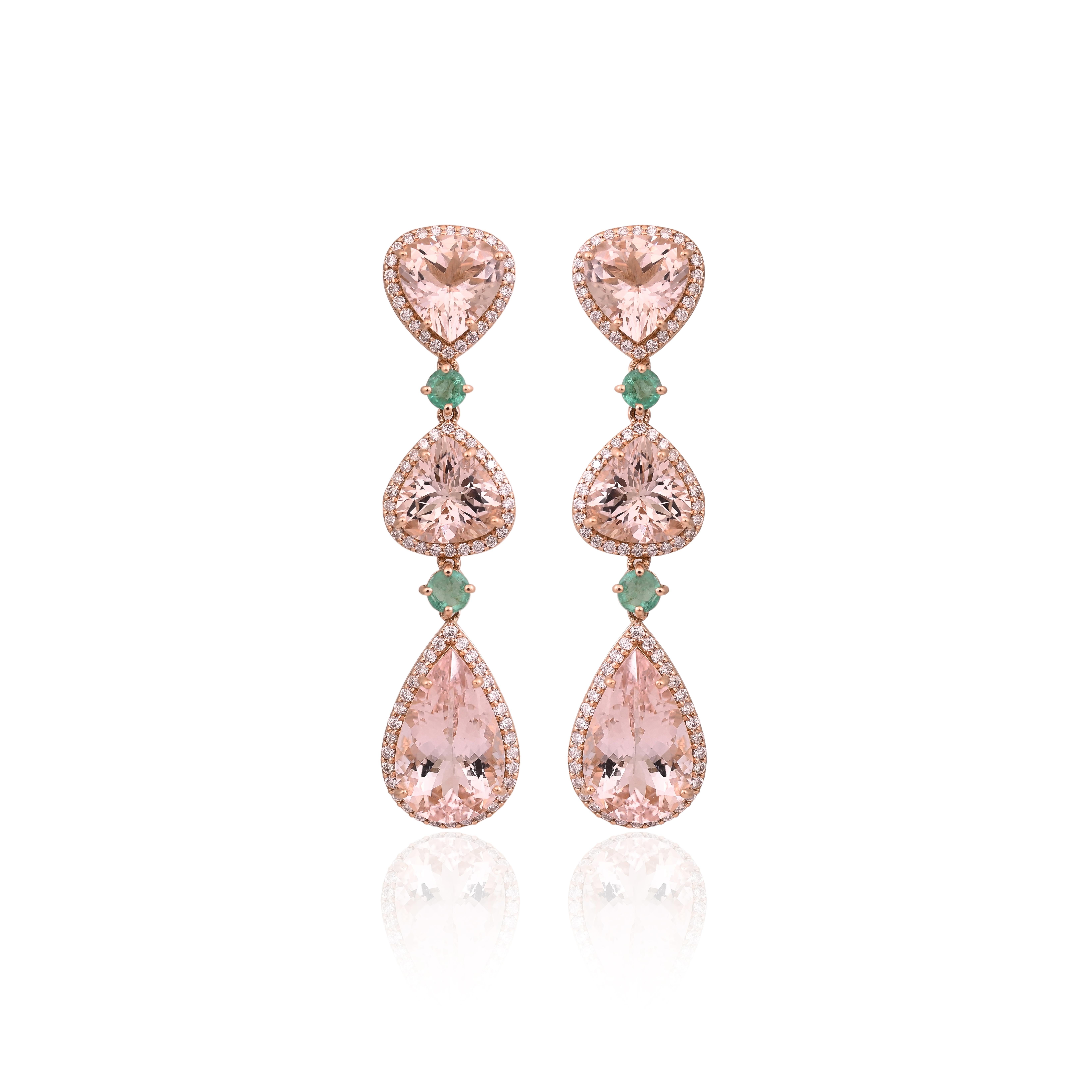 A very gorgeous and beautiful, Morganite & Emerald Chandelier Earrings set in 18K Rose Gold & Diamonds. The weight of the Morganites is 25.82 carats. The weight of the Emeralds is 1.18 carats. The Emeralds are completely natural, without any