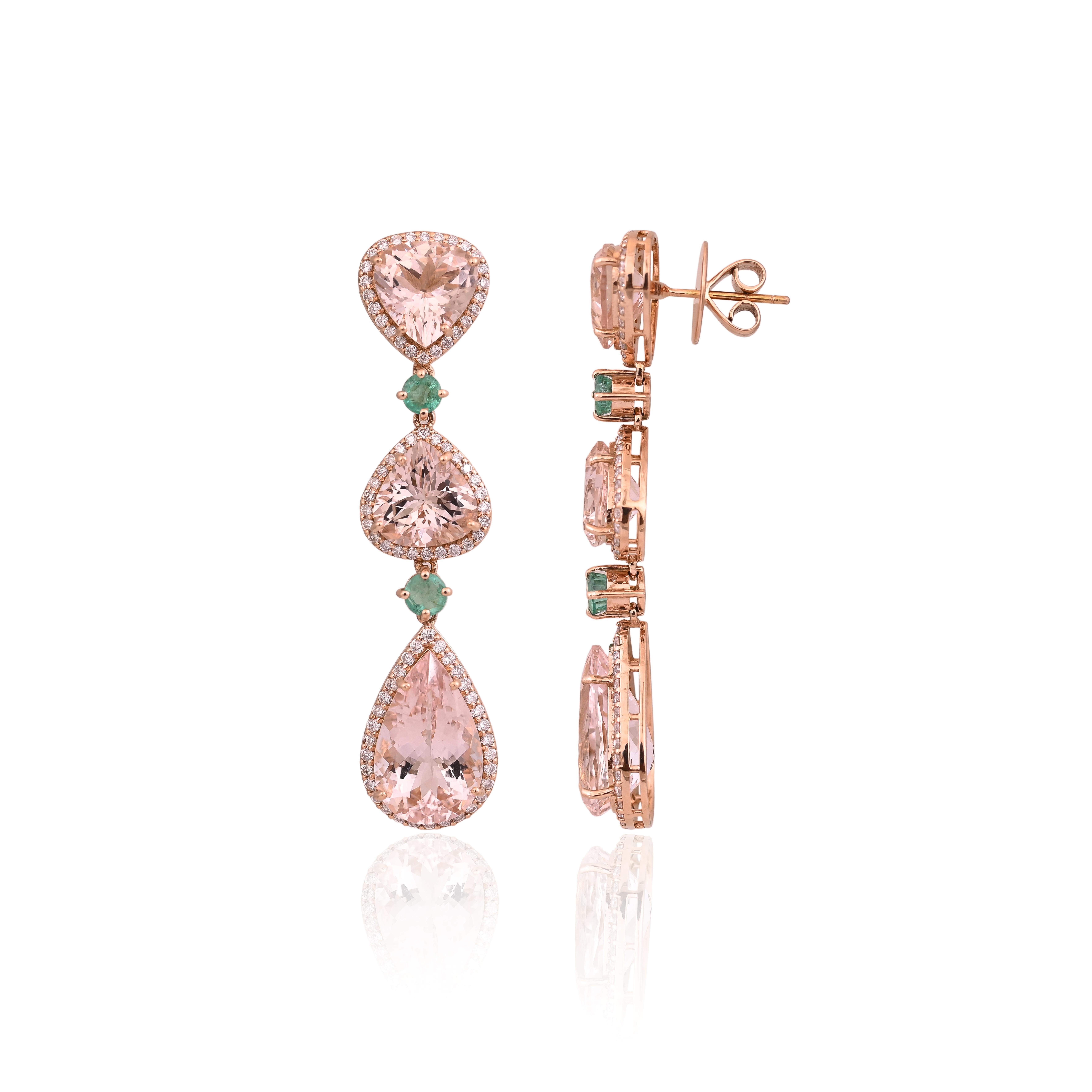 Modern Set in 18K Rose Gold, Morganite, Emerald & Diamonds Chandelier Earrings