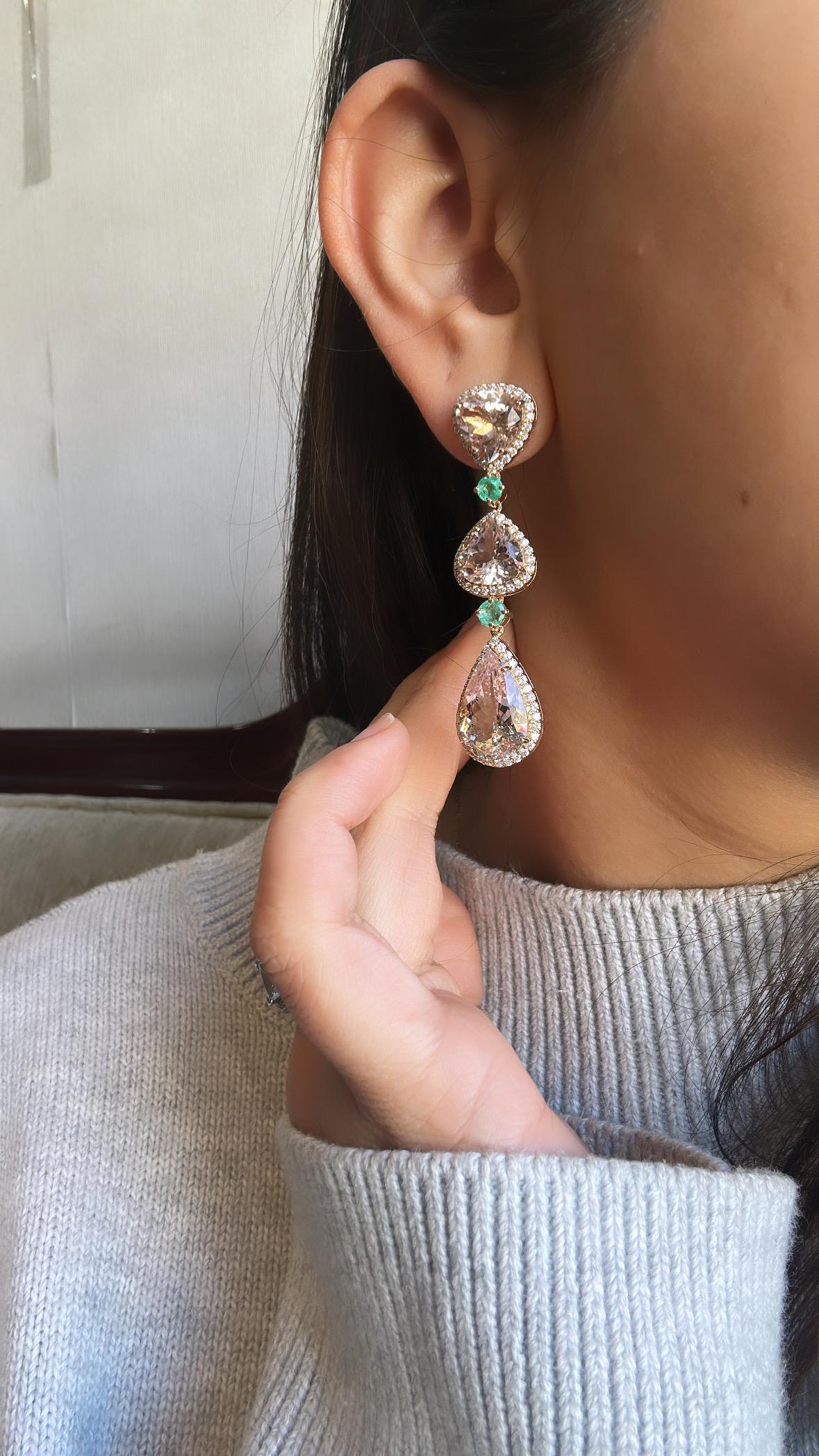 Pear Cut Set in 18K Rose Gold, Morganite, Emerald & Diamonds Chandelier Earrings