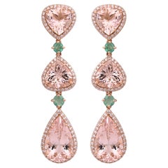 Boucles d'oreilles chandelier en or rose 18 carats, morganite, émeraude et diamants