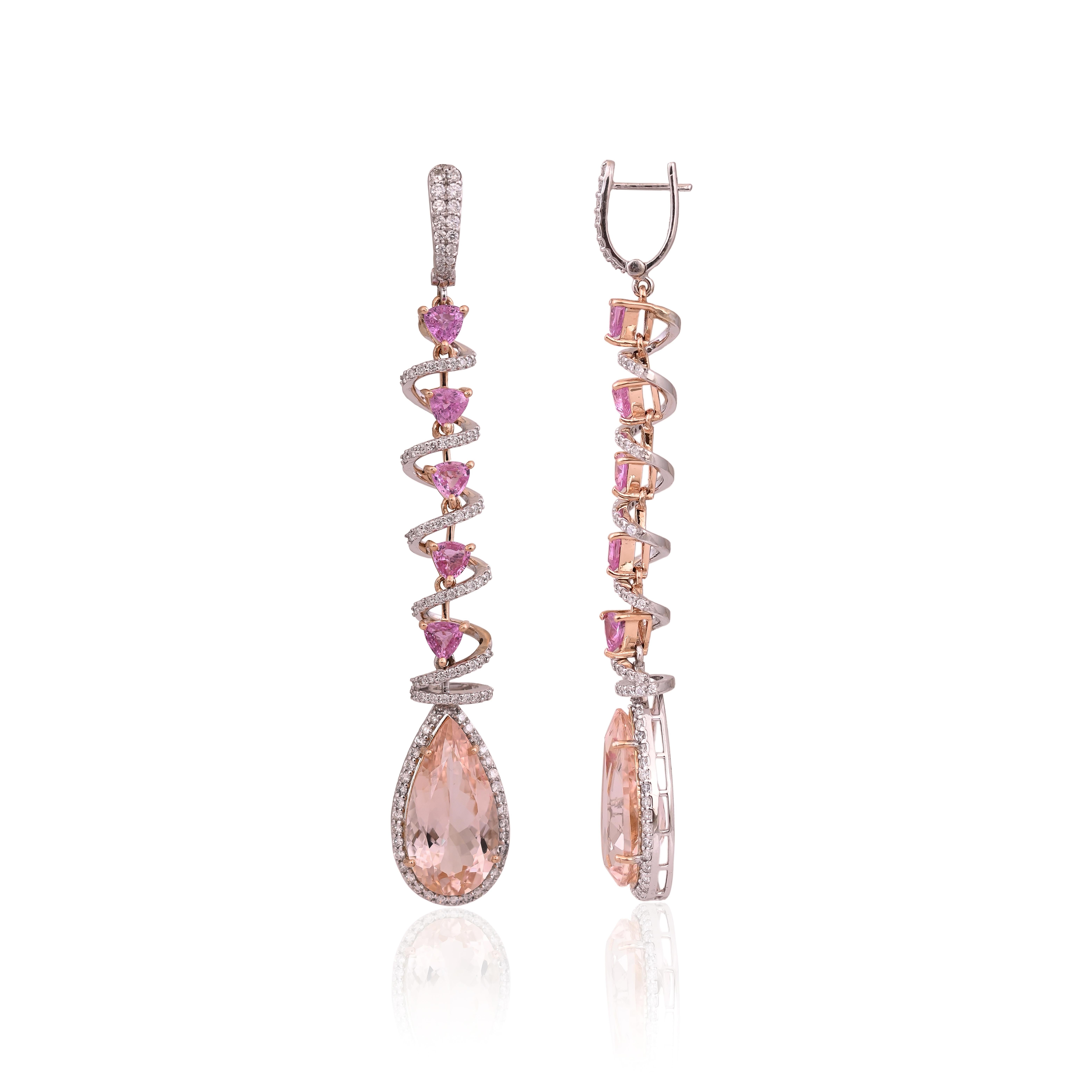 Moderne Boucles d'oreilles chandelier en or rose 18 carats, morganite, saphirs roses et diamants en vente