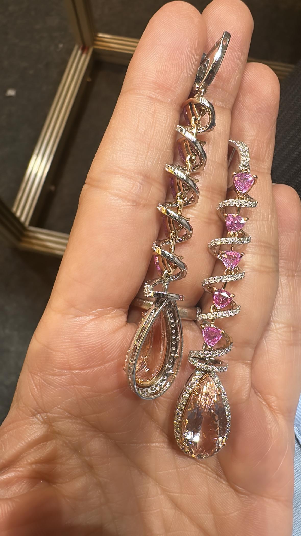 Pear Cut Set in 18K Rose Gold, Morganite, Pink Sapphires & Diamonds Chandelier Earrings For Sale