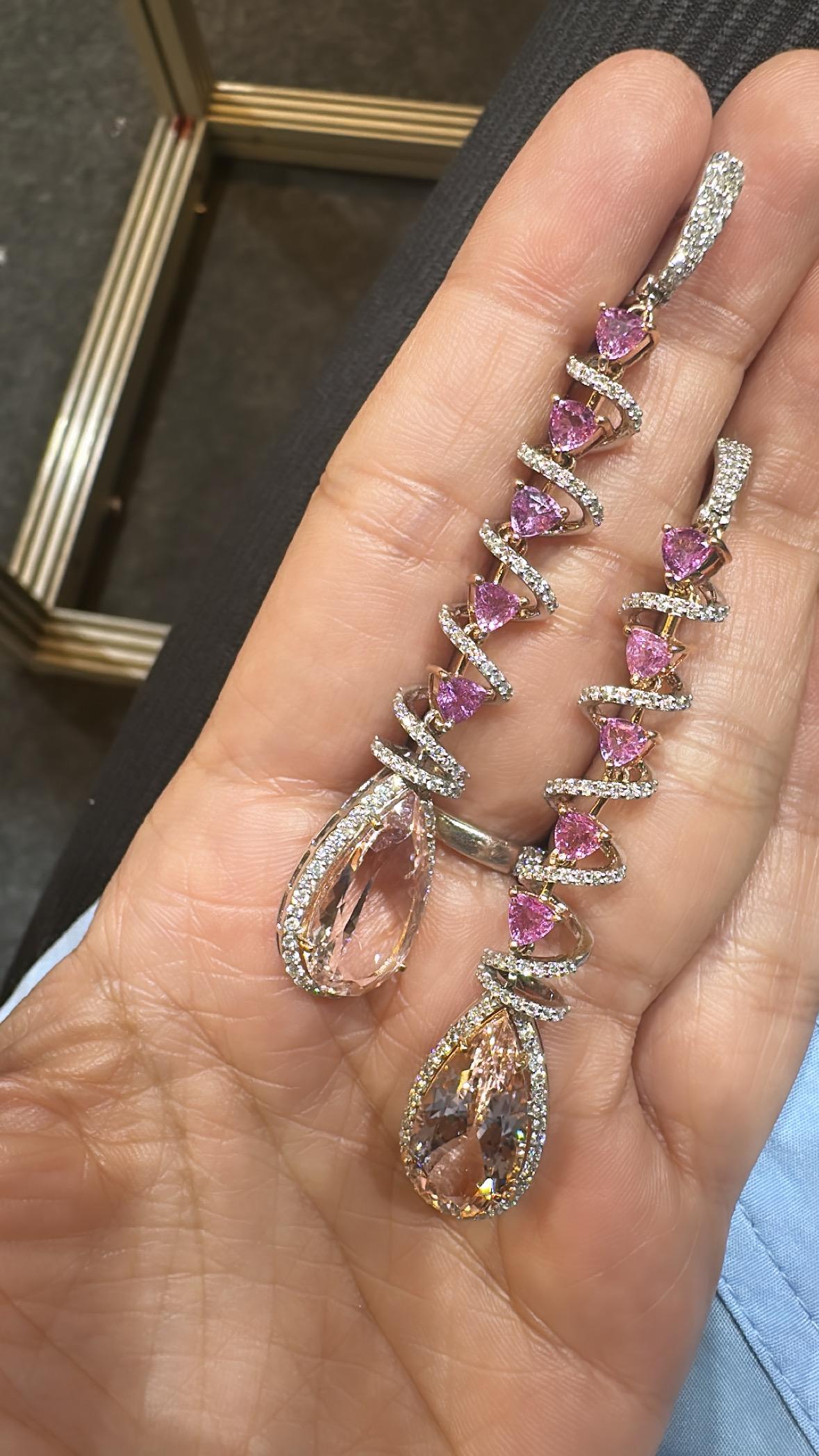 Set in 18K Rose Gold, Morganite, Pink Sapphires & Diamonds Chandelier Earrings In New Condition For Sale In Hong Kong, HK