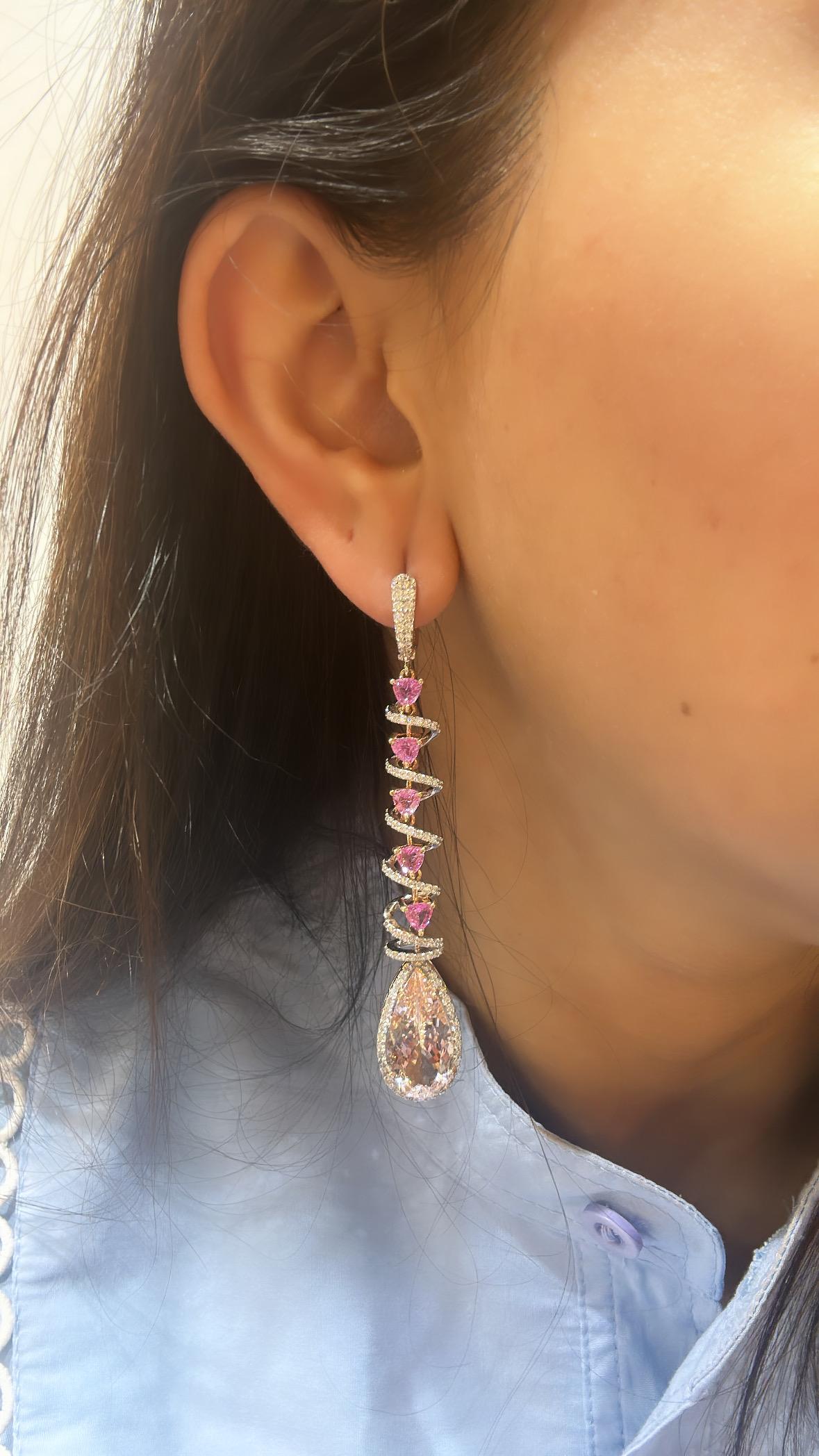 Set in 18K Rose Gold, Morganite, Pink Sapphires & Diamonds Chandelier Earrings For Sale 2